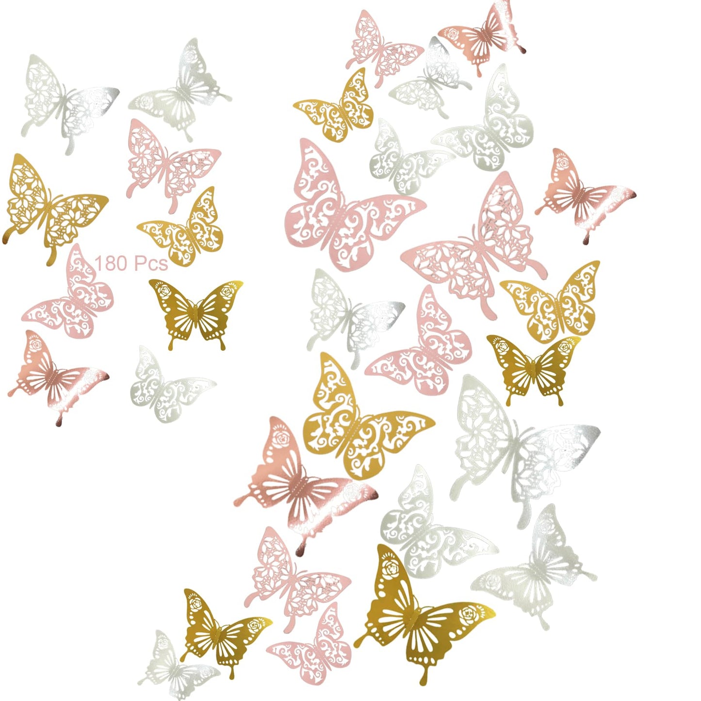 Lefiocky 180 Pcs 3D Butterfly Wall Decor 3 Style Gold Silver Rose Gold Butterflies Sticker Decorations 3 Sizes Removable Wall Decals for Cake Decorating Wedding Birthday Party DIY Cosplay