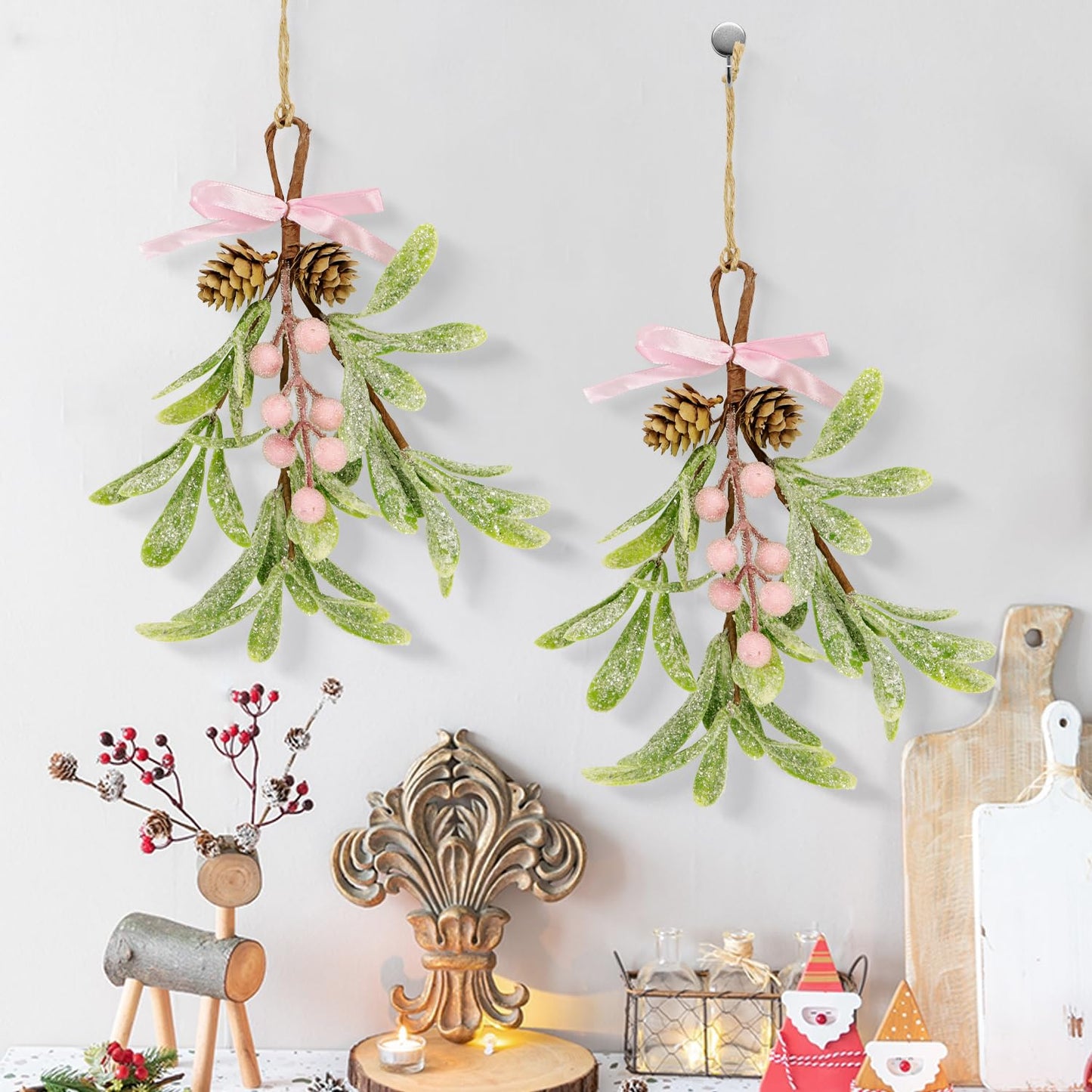 Christmas Mistletoe Decorations Frosted Artificial Mistletoe Ornaments with Bows Berries Pine Cones Snowy Fake Hanging Kissing Plant Stems for Xmas Tree Picks Doorway Holiday Decor (2, Pink)