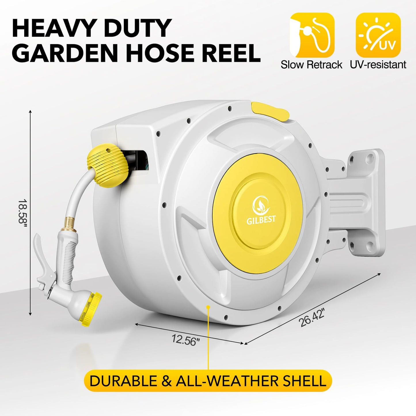 5/8" x 100 ft Retractable Garden Hose Reel, Heavy Duty Water Hose Reel Wall Mounted, Any Length Lock, 180°Swivel, Water Hose with 8-Function Nozzle for Cleaning, Watering(Yellow)