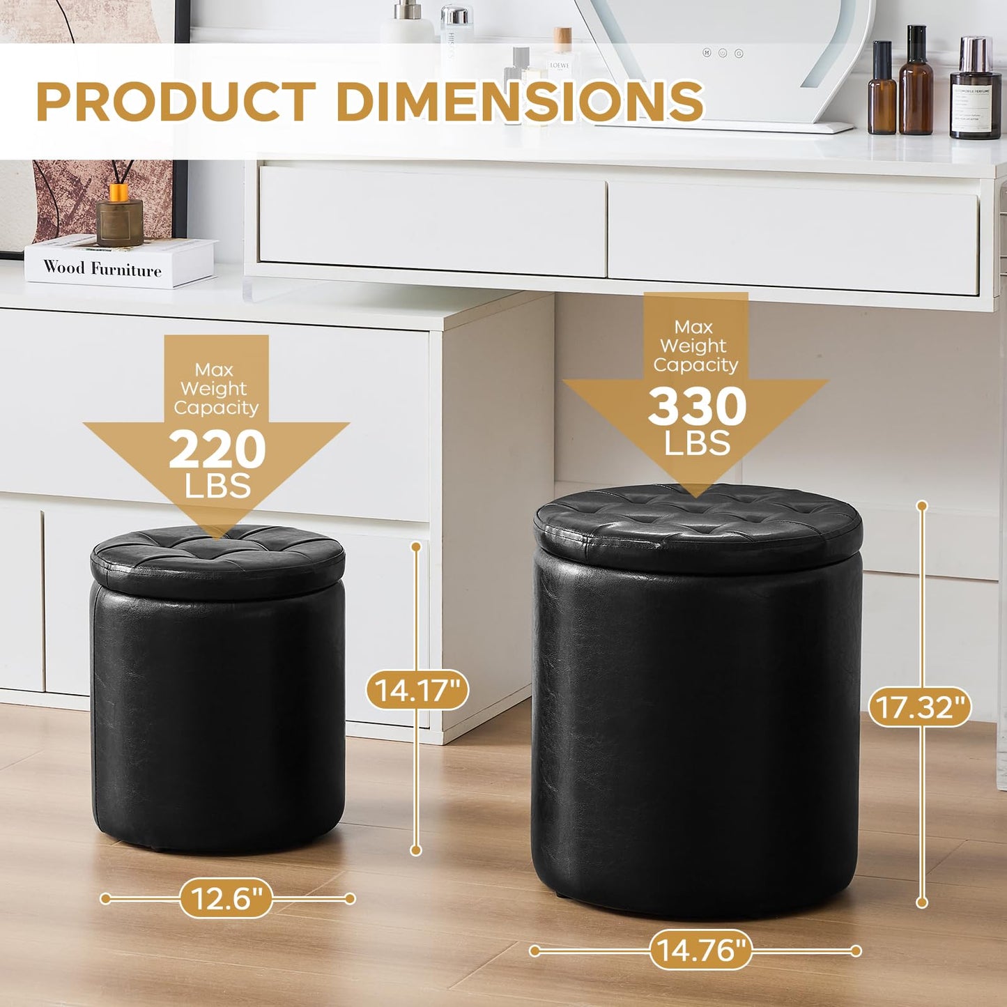 oakvivo Round Ottoman with Storage Set of 2, 12.6" W x 14.17" H & 14.76" W x 17.32" H Faux Footstool Storage Ottomans for Bedroom, Living Room Padded Coffee Table Ottomen, Black