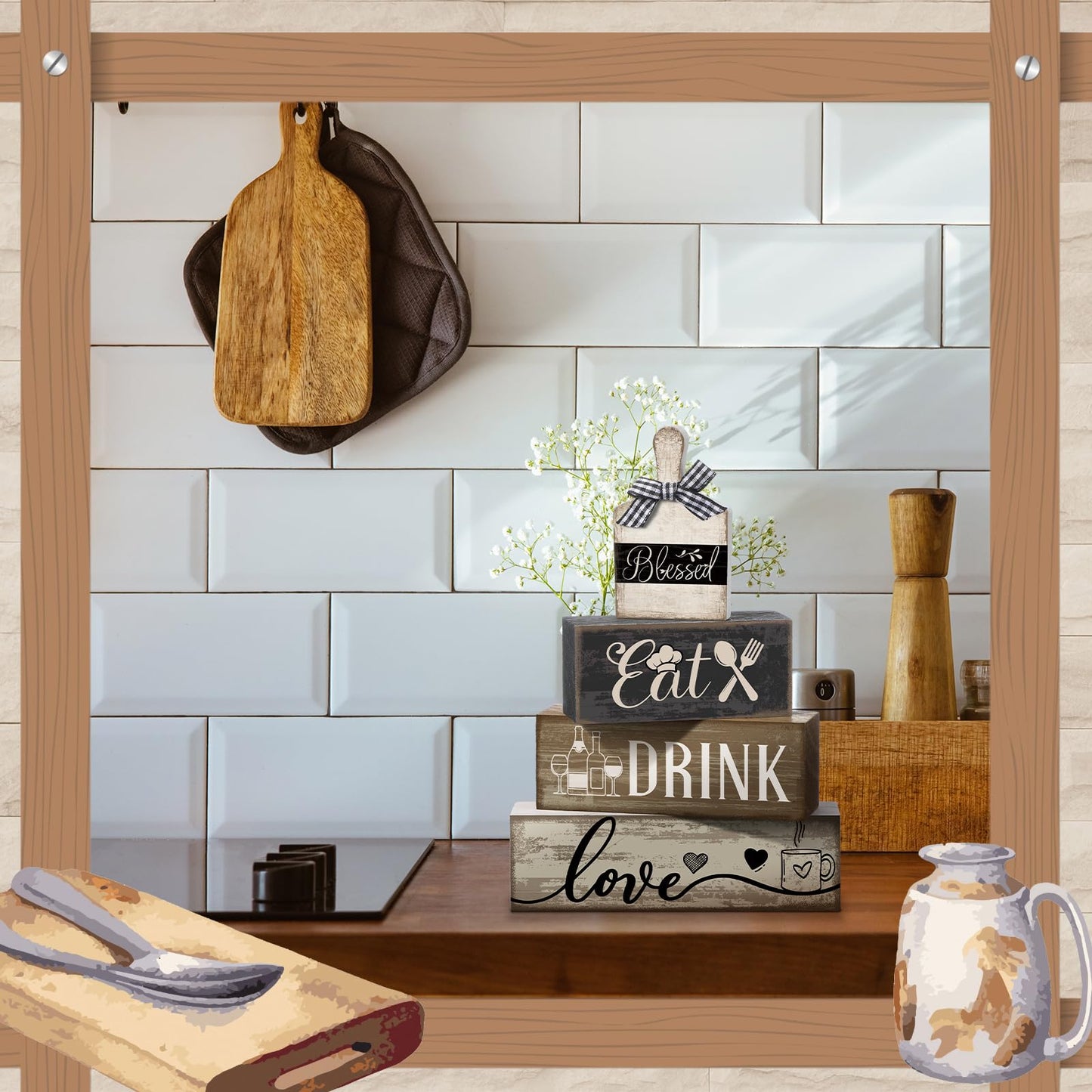 Moucuny 4 Pcs Farmhouse Kitchen Decor Wooden Plate Farmhouse Table Decor Black Brown and White Plate Tableware Centerpiece Rustic Decorative Plates Block Sign for Display Cabinet Kitchen Decoration