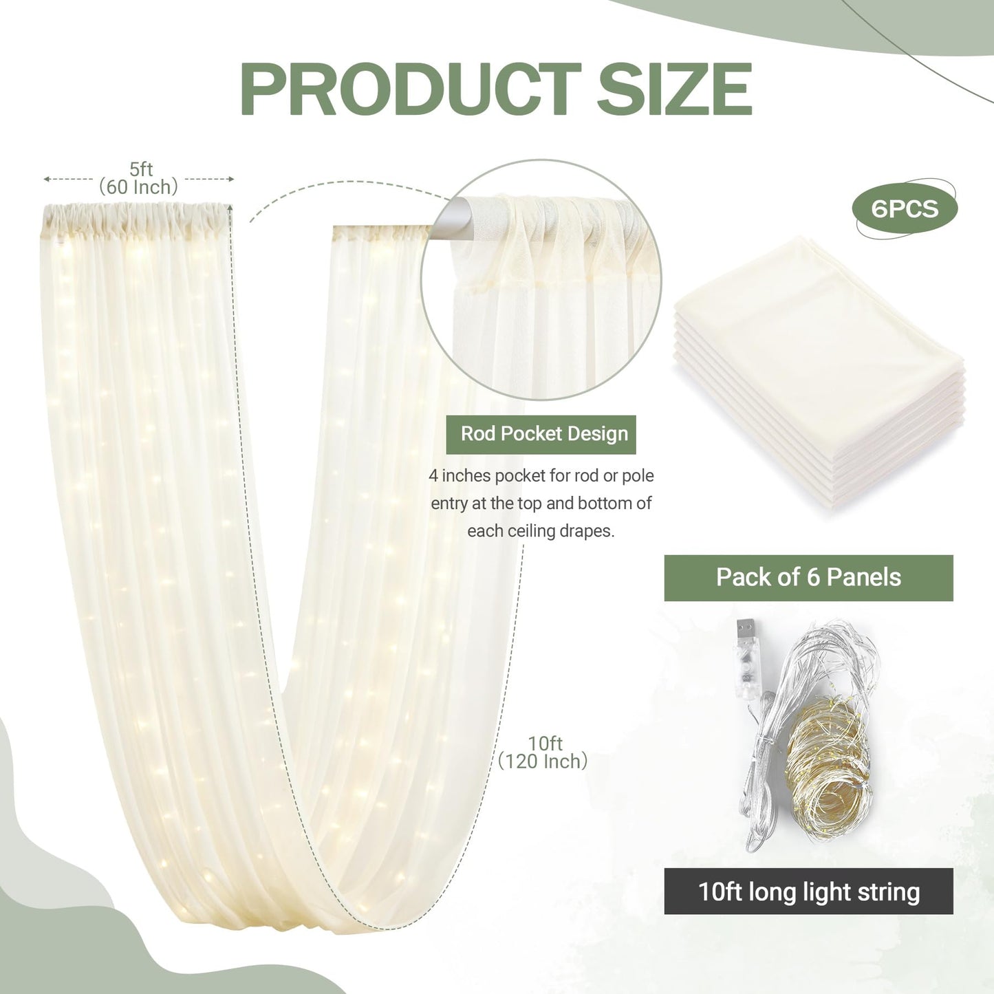Ivory Ceiling Drapes with Lights - String Drapes for Wedding & Party Decorations - 5ftx10ft Sheer Tulle Curtains
