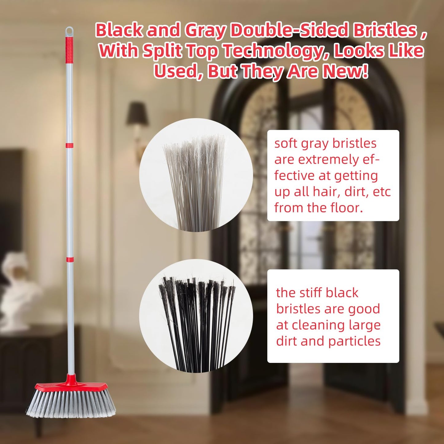SDSM Indoor Outdoor Broom, Unique Double-Sided Bristles Long Handle Heavy Duty Broom Perfect for Home and Courtyard Garage Lobby Mall Market Floor Home Kitchen Room Office Pet Hair Rubbish 51 Inch