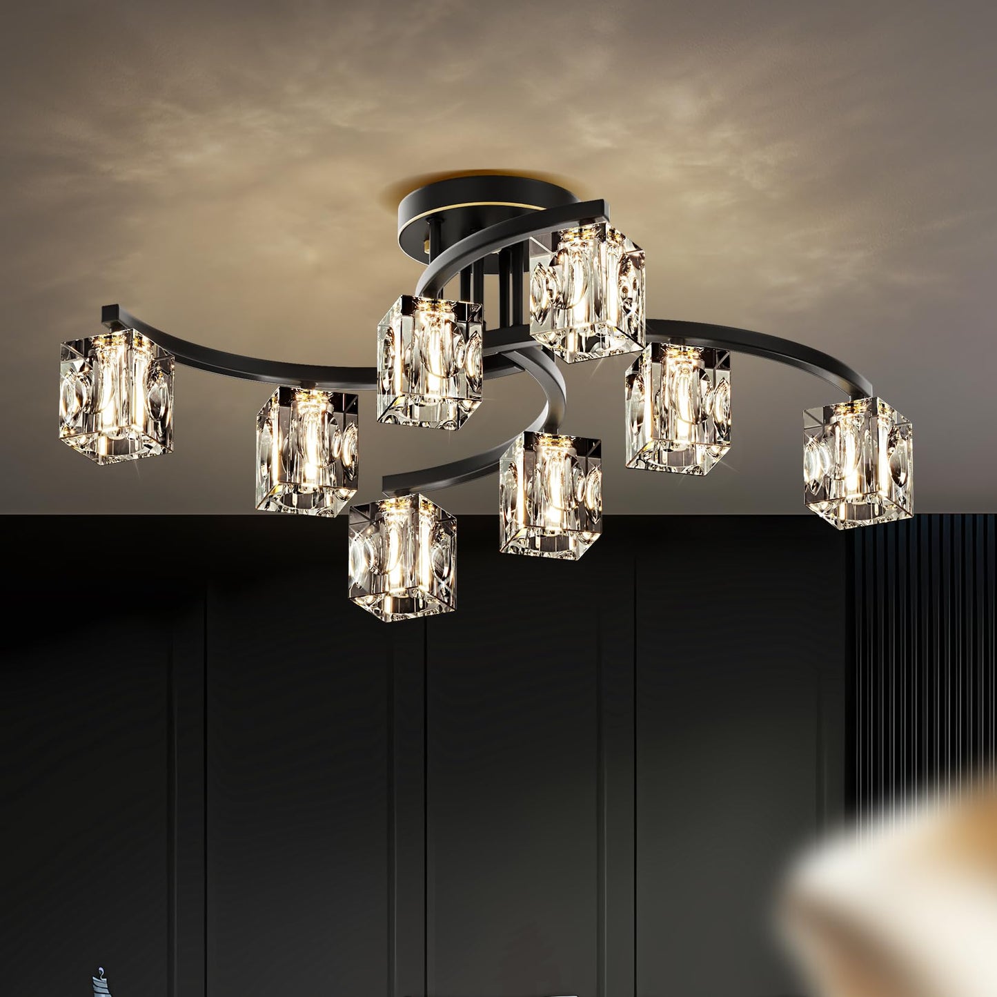 OKES 8-Light Semi Flush Mount Ceiling Light, Black and Gold Ceiling Fixture, Farmhouse Dining Room Light Fixture with K9 Crystal Shade, Modern Chandelier for Living Room,Bedroom,Entryway