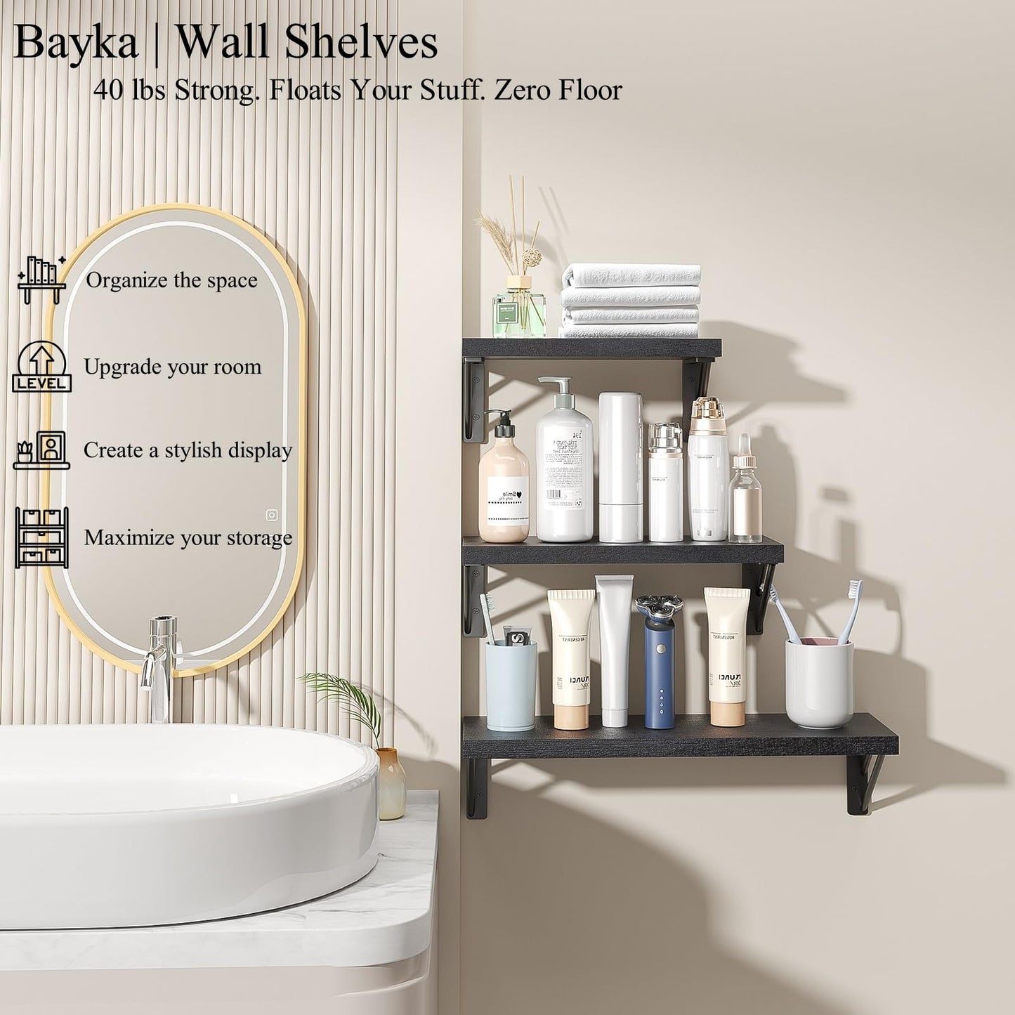 BAYKA Wall Mounted Floating Bathroom Shelves, Wood Wall Shelf for Books & Decor, Space-Saving Display & Organizer (Black, Set of 4)