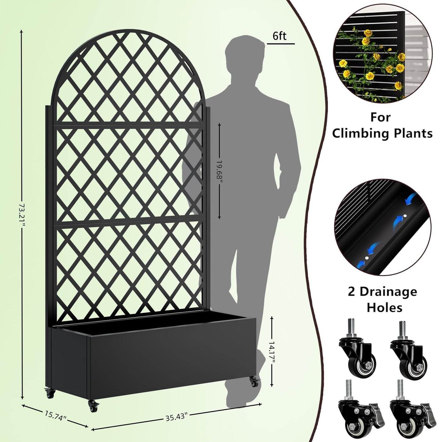 Metal Planter Box with Trellis and Wheels, 73"x35"x16" Galvanized Steel Raised Garden Bed with Drainage Holes and Privacy Screen Function for Climbing Plants, Vegetables, Flowers, and Vines–Black