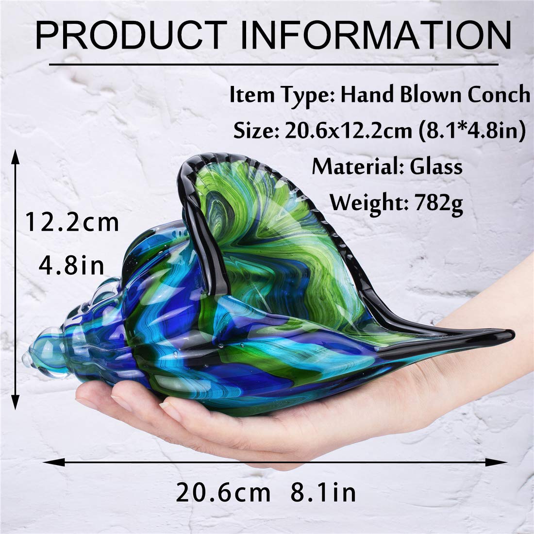 QFkris 8" Glass Conch Figurines, Hand Blown Seashell Art Glass Sculpture, Beautiful Home Decor, Crystal Paperweight