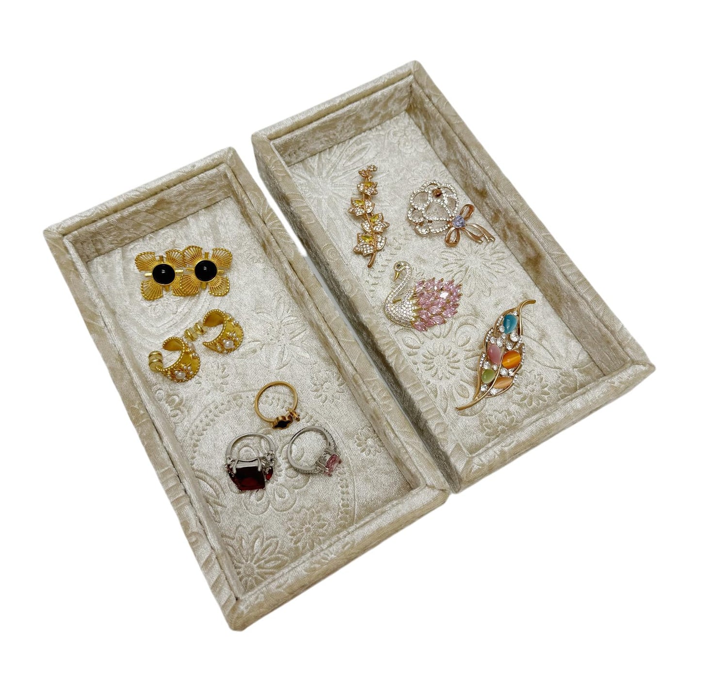 AgentMoon 2 Piece Set Sunglass or Jewelry Temporary Storage Tray. Stackable Velour Wrap Tray for Watch iPhone Earring etc. Bedside Makeup Accessories Organizer. 20 x 10 x 3cm. (Embossed Beige)