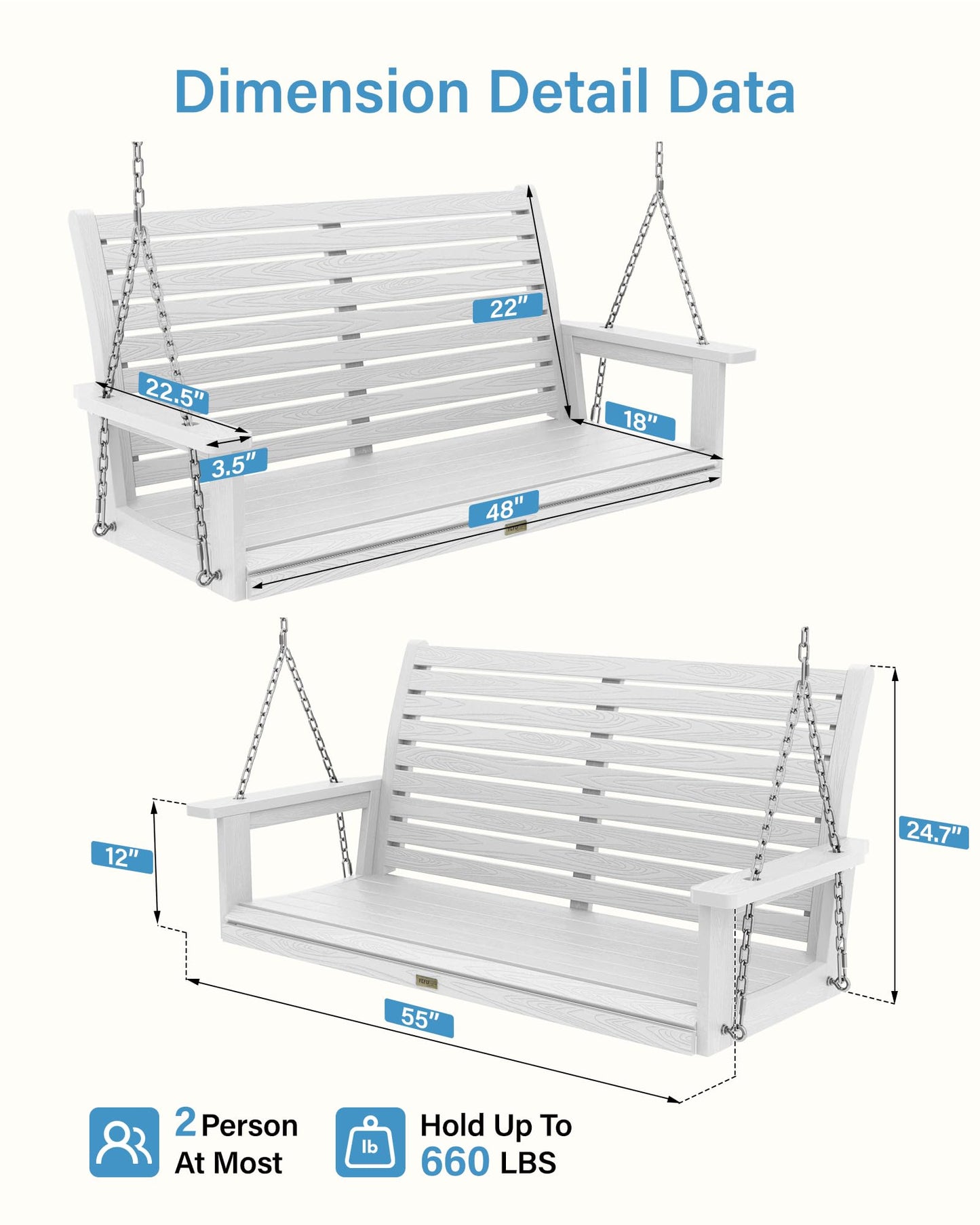 YEFU Hanging Porch Swing Outdoor: 2-Seat Patio Swing Bench-All Weather Swings Chair with Hanging Chains-Look Like Real Wood-Garden/Courtyard/660Lbs Weight Capacity/4FT/White