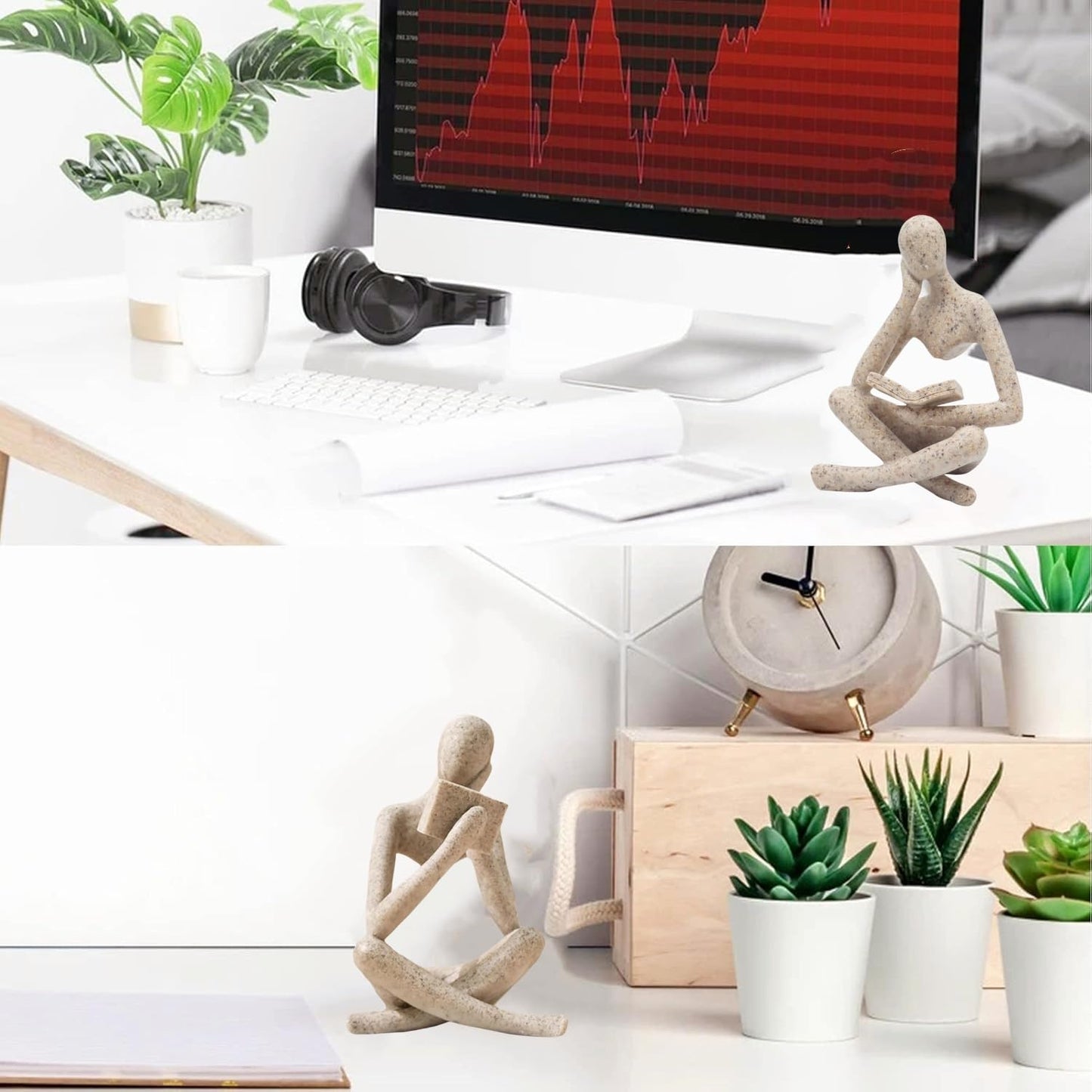 Reading Thinker Statue, Sculptures Abstract Art Ornament, Modern Aesthetic Figurine Decoration Set of 2 Status for Home Living Room Bedroom Office Shelf Table Desk Bookshelf Decor (Sandstone)