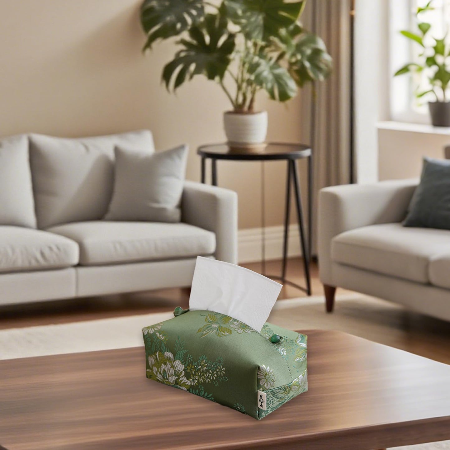 Zovylks Brocade Fabric Tissue Box Cover, Exquisite Jacquard Soft Fabric, Green Peony Floral Patterns, Rectangle Tissue Box Holder for Livingroom, Bedroom, Car, Office Desktop Decor (Dark Green)