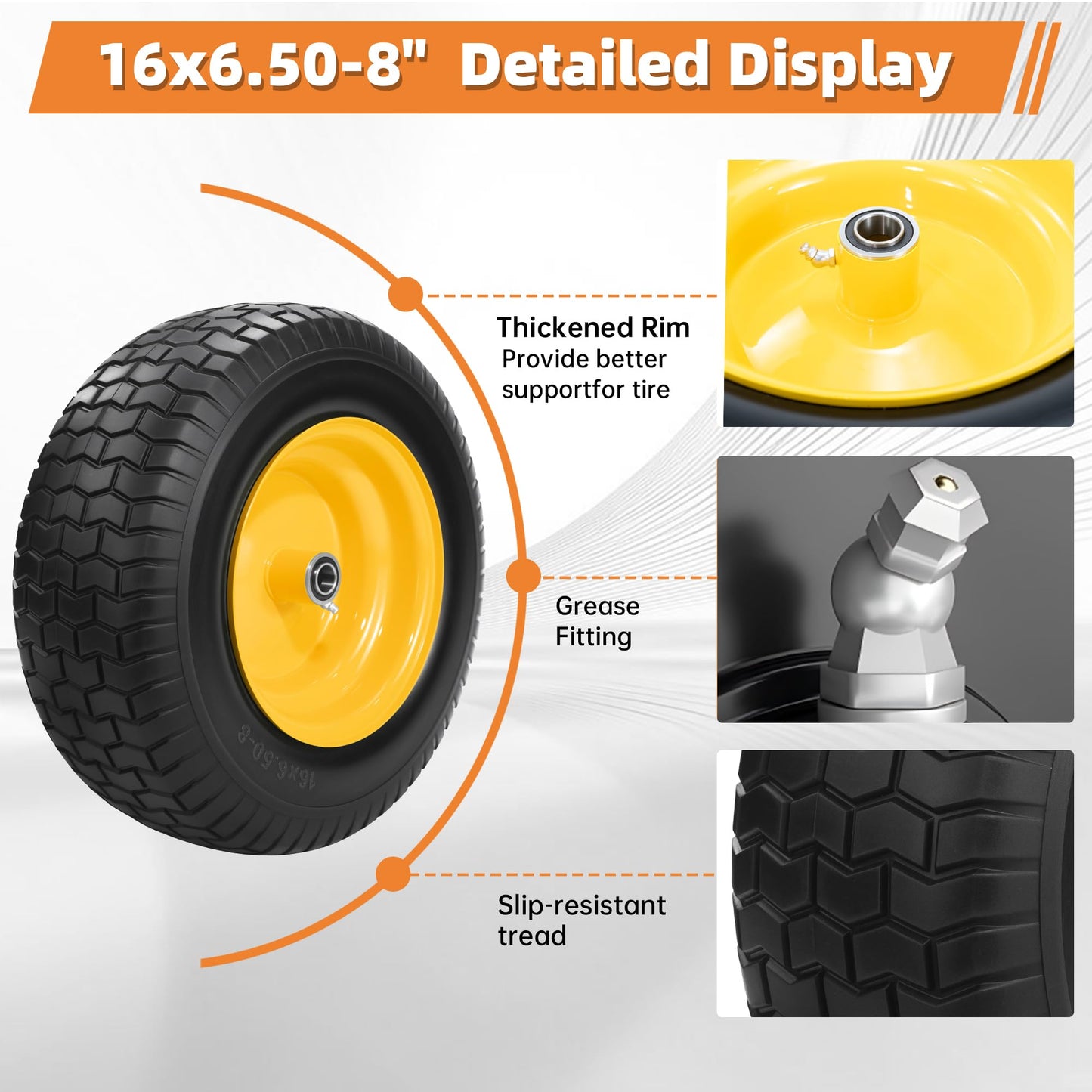 2PC 16x6.50-8 Flat Free Tire and Wheel,3/4" Bearings & Extra 1" Bushing,3" Offset Hub, Solid Riding lRLawn Mower Tires, 550lbs Load Capacity, Fit for Lawn Mowers, Riding Mowers and Lawn Tractors.