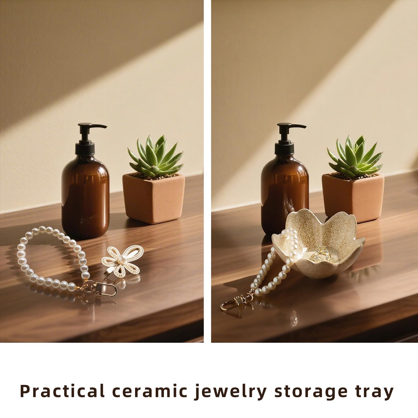zerokyclan Floral Vanity Tray - Ceramic Jewelry Organizer Dish for Rings Necklaces Wedding Gift Idea(camel)