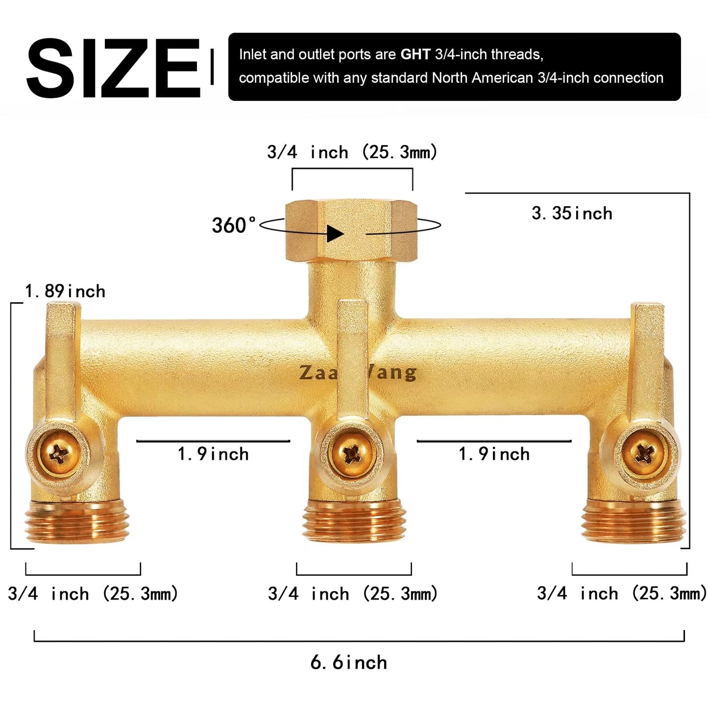 Heavy Duty 3-Way Garden Hose Splitter with Shutoff Valve and Long Handle Outdoor Faucet Diverter, 3/4’ GHT Threads