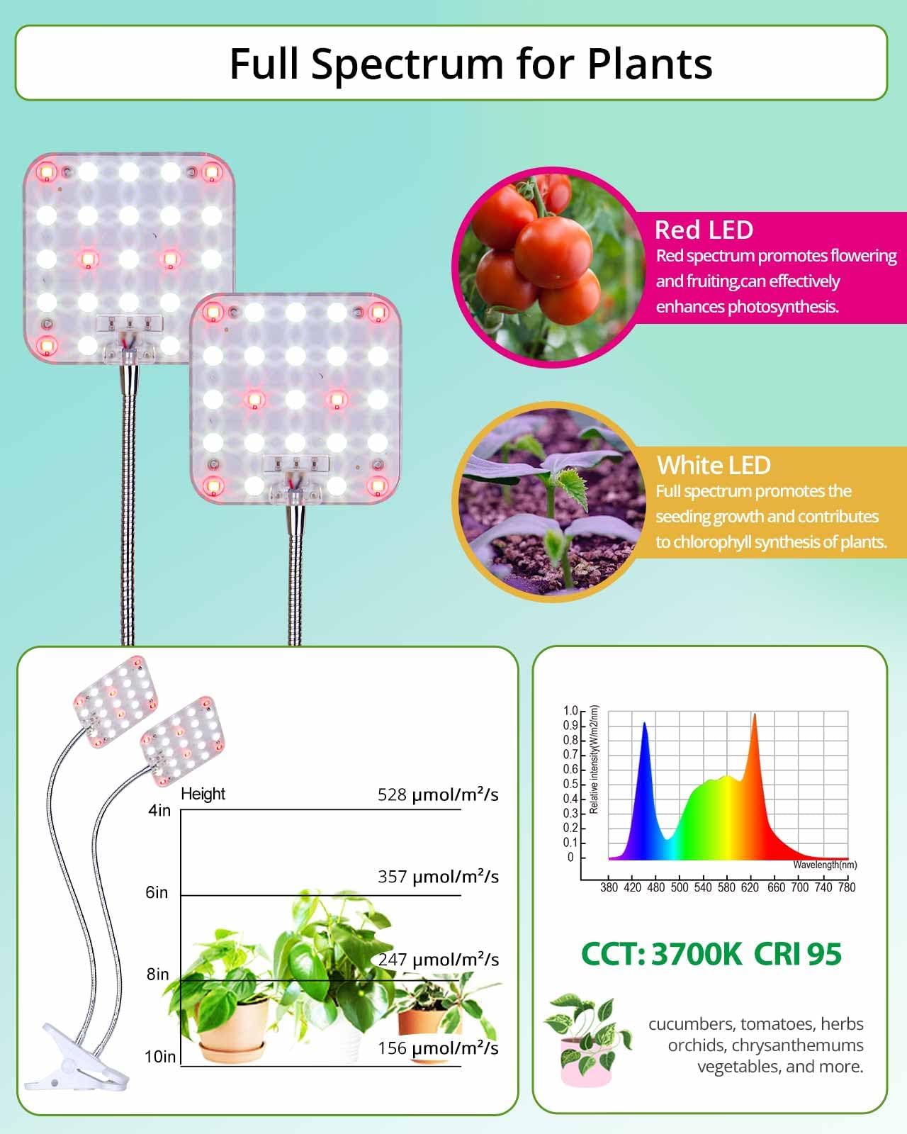 DOMMIA Plant Light, Dimmable Desk Clip on Plant Light for Indoor Plants with 6/12/16h Timer, Gooseneck Grow Lamps, Full Spectrum for Seeding, Succulent, Potted Plants, 2-Head
