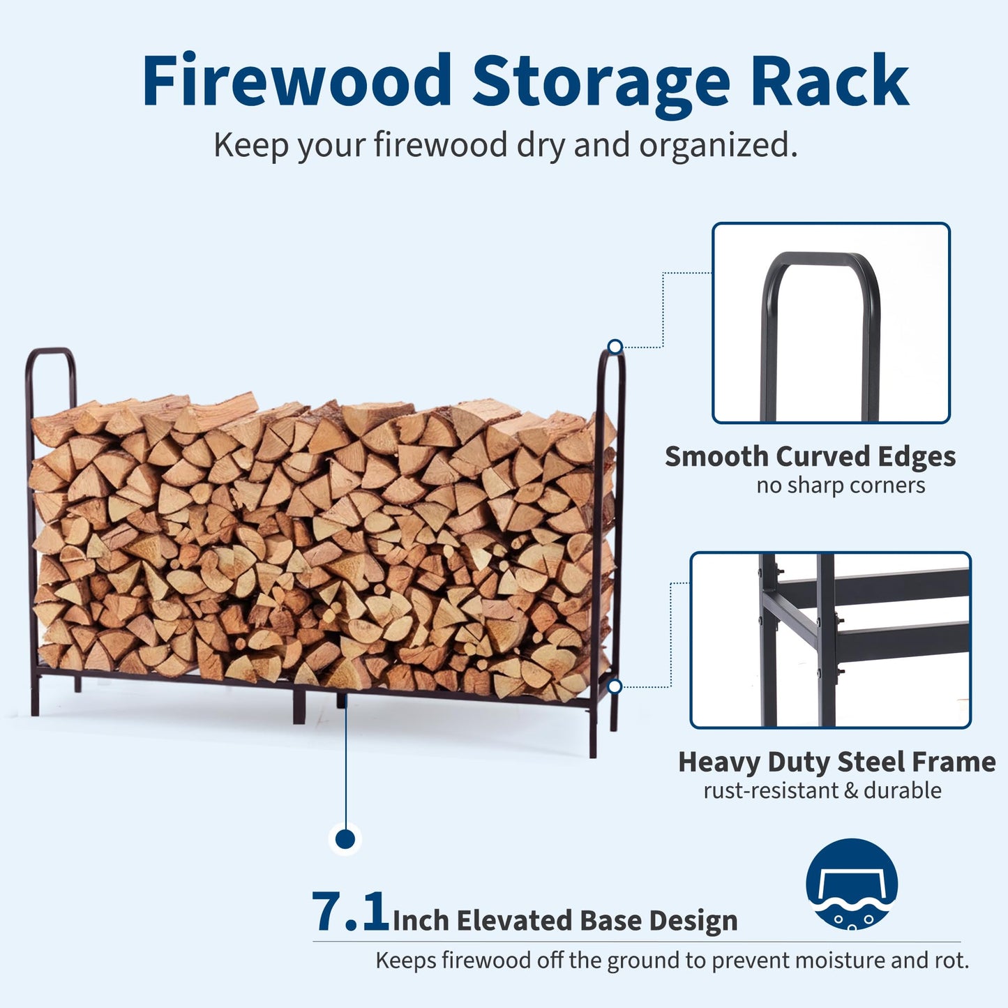 DUMOS 8FT Heavy Duty Firewood Storage Rack, Firewood Storage Log Rack with Cover and Zipper, Indoor Outdoor Wood Racks for Fire Wood Holder, Black