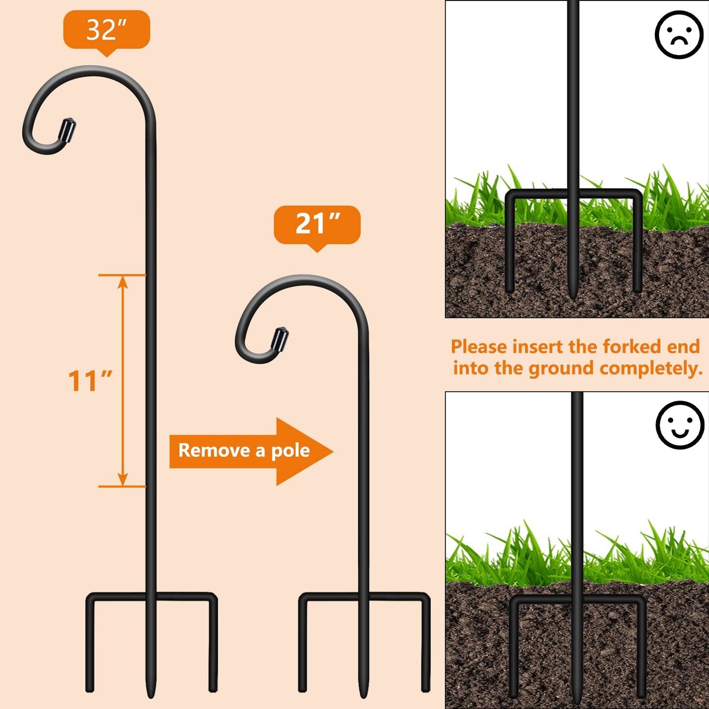 Gtongoko 8 Pack Shepherds Hooks for Outdoor 32 Inch Garden Hooks for Hanging Plants, Lanterns, Bird Feeders, Solar Lights, Mason Jars, Weddings Decor, Adjustable, Matte Black