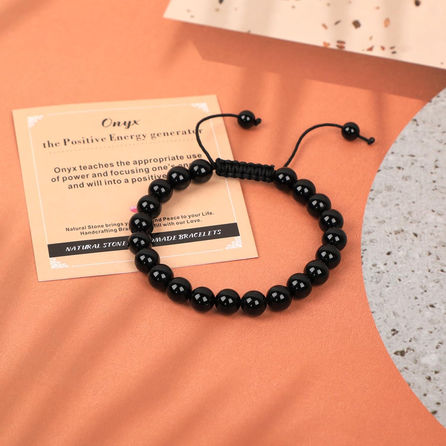 AD Beads 8mm Onyx Bracelet - Stone of the Positive Energy generator - Handmade Natural Stone Crystal Bracelet with Adjustable Macrame String - Yoga Healing Power Energy Gifts for Men and Women