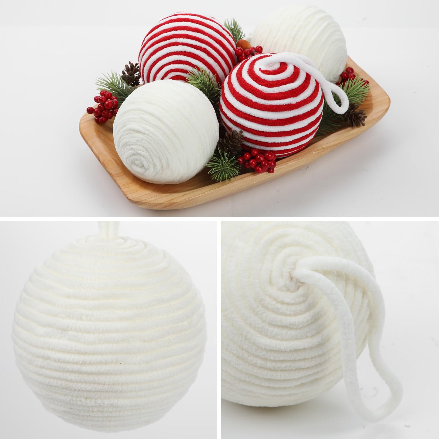 Briful 3.94'' White Christmas Ornament Balls, 6PCS Large Decorative Yarn Balls Xmas Tree Hanging Ornaments with Strings for Holiday Party Christmas Table Vase Decor