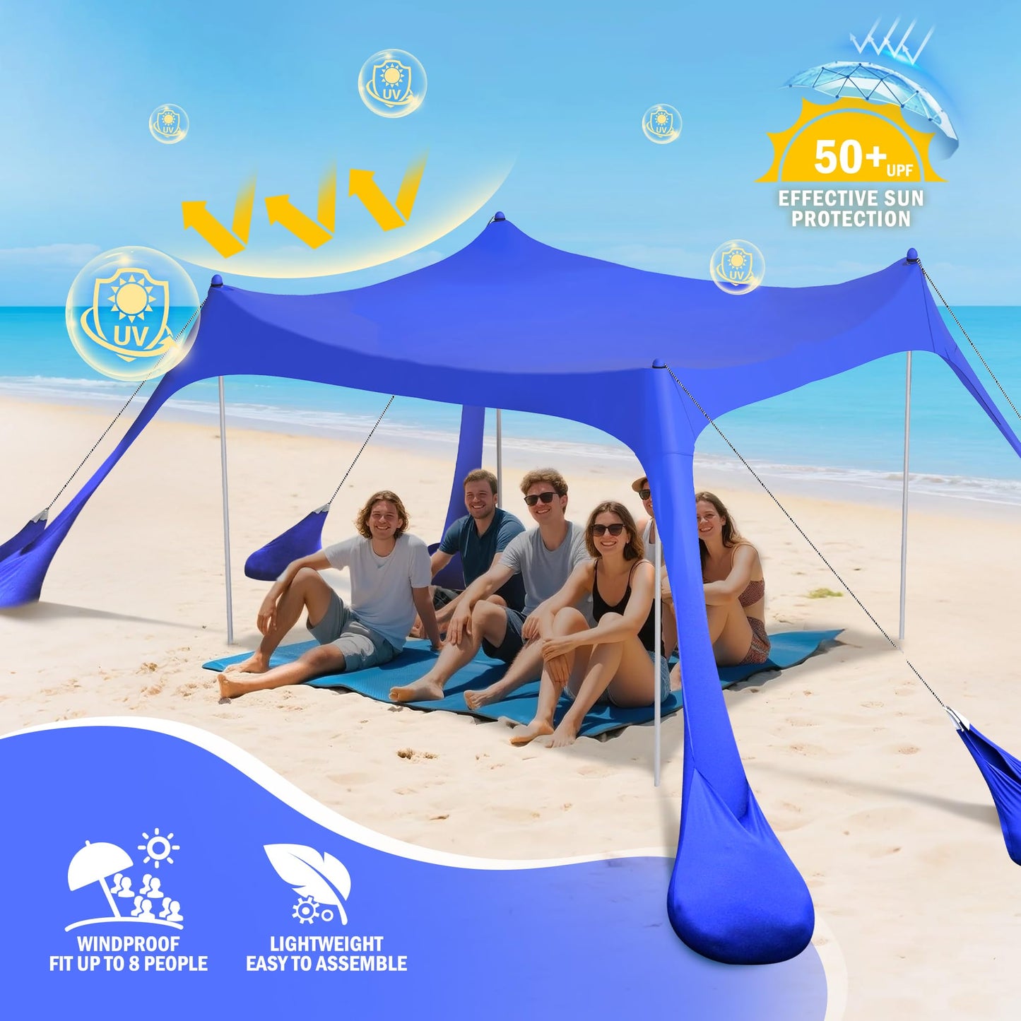 2PM SPORTS Beach Tent Sun Shelter 10x10 FT - UPF 50+ UV Protection, 8 Sandbags, Easy Setup, Portable Beach Shade Canopy for Family Picnic Camping Travel
