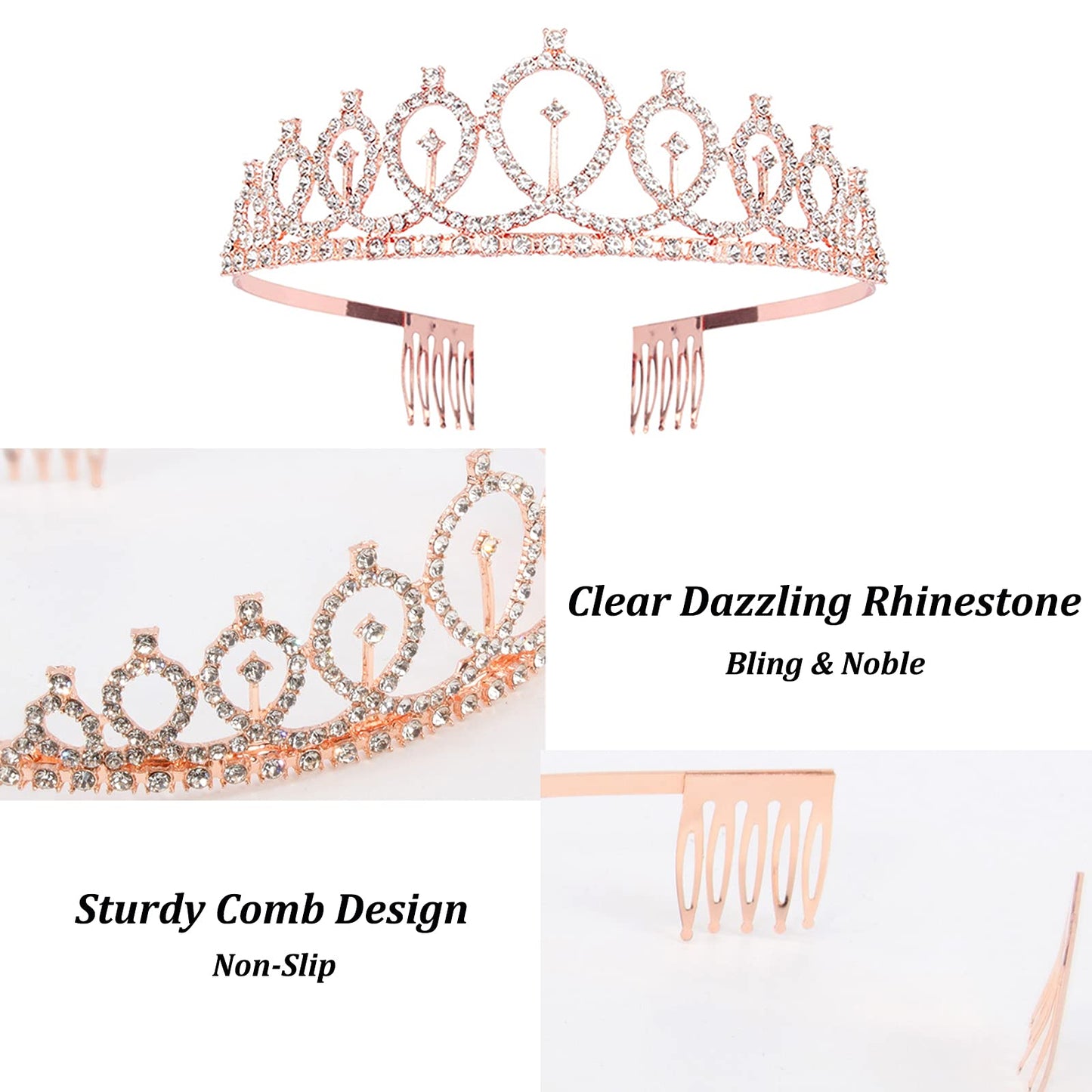 CAVETEE Birthday Crown and Sash for Women - Rose Gold Rhinestone Tiara Set and Sash for Decorations