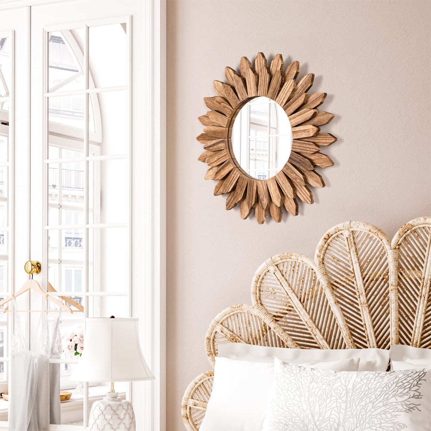 Emfogo Wall Mirror 12 inch Rustic Wood Sunburst Boho Mirror Wall Decor Home Decor for Bedroom Living Room Entryway Farmhouse (Carbonized Black)