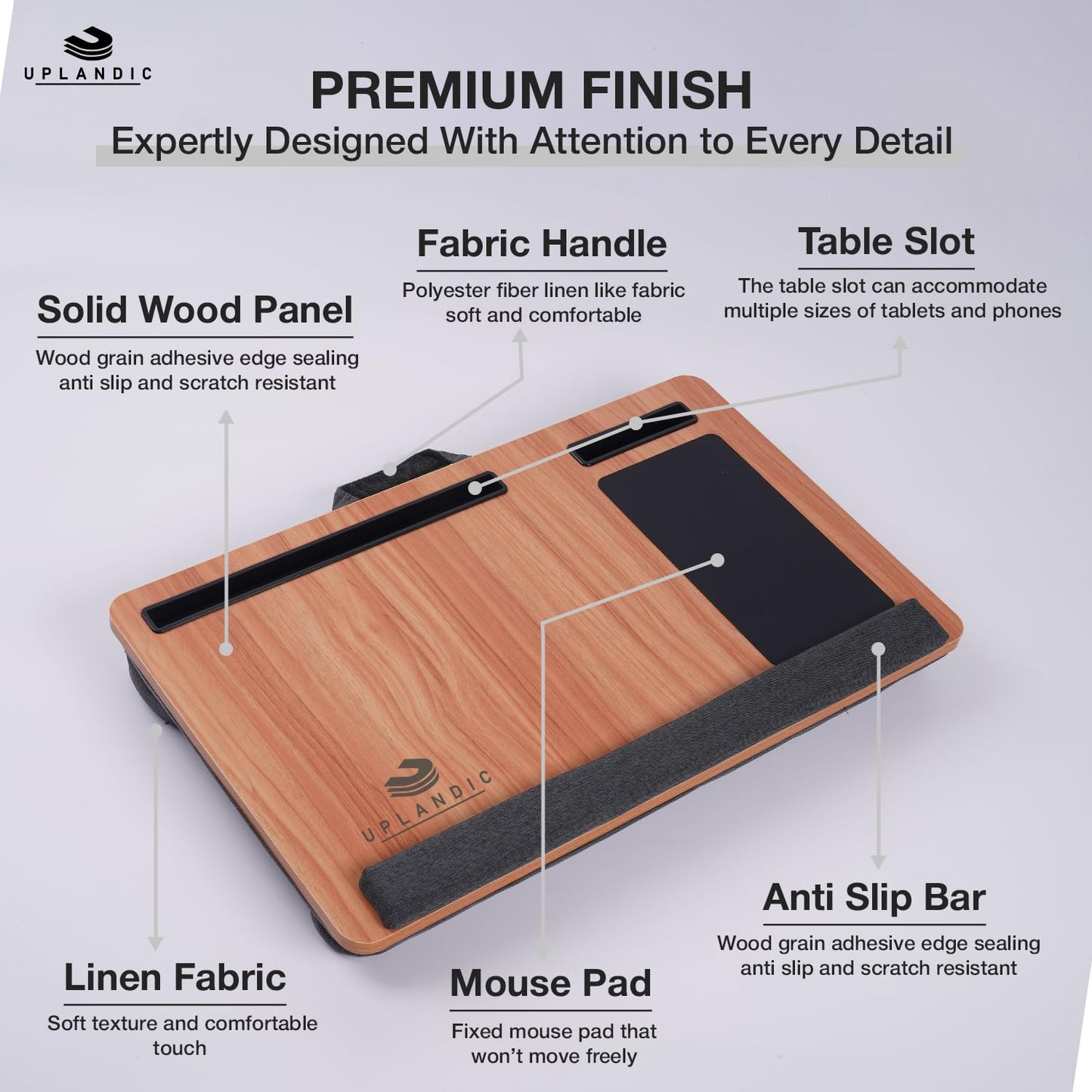 UPLANDIC Laptop Tray – Home Office Lap Desk with Built-in Mouse Pad, Wrist Rest & Phone Holder, Portable Laptop Stand with Cushion, Tablet Slot & Carry Handle, Ideal for Bed & Workspaces (Walnut)