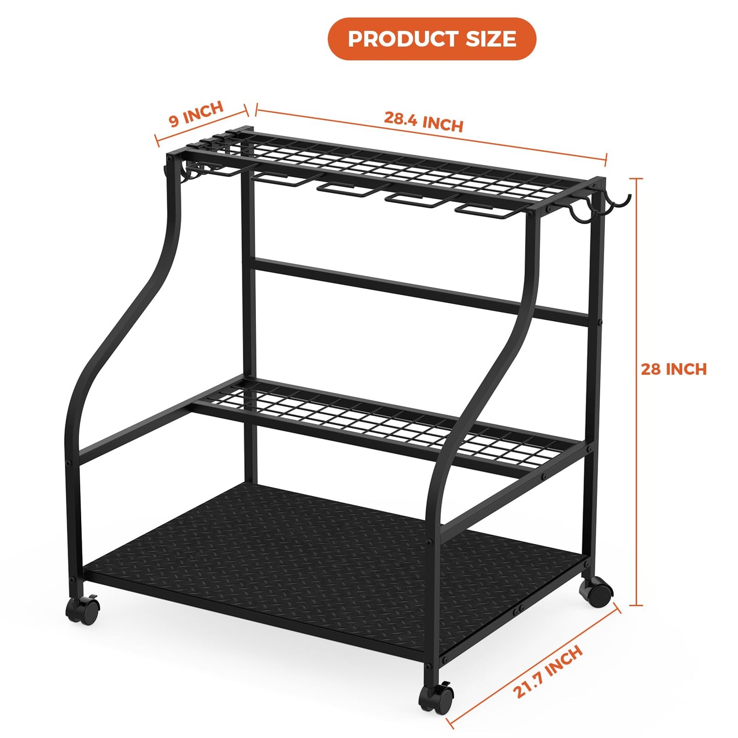 Garden Tool Organizer with Wheels, 3-Tier Yard Tool Storage with Hooks, Heavy Duty Steel Tool Rack Stand for Broom Shovel Long Handled Tools, Garden Tool Holder for Garage Shed Outdoor, Black