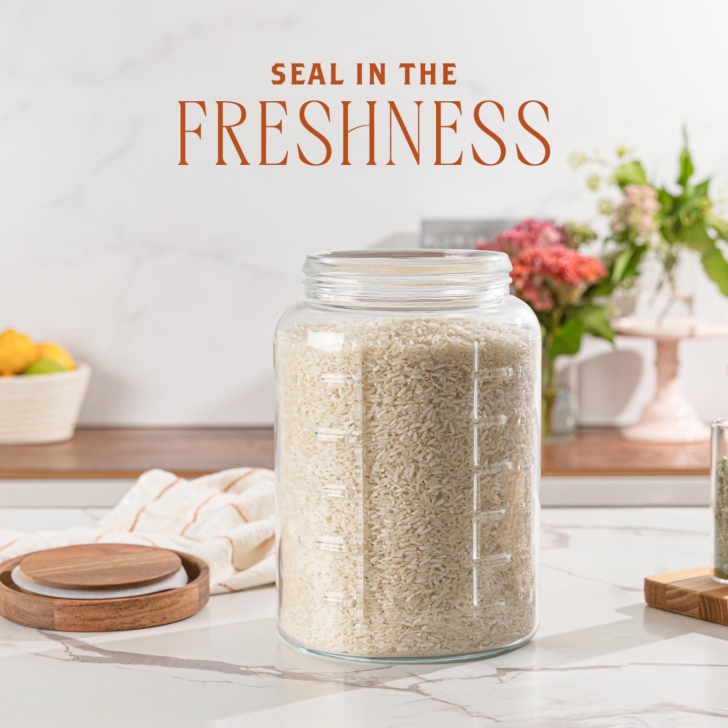 kitchentoolz Extra Large Mason Jar - 1 Gallon Glass Wide Mouth Jar with Airtight Wooden Lid, Food Storage Container with Measurement Markings For Kitchen Pantry, Pickling, Cookies, Flour & Sugar