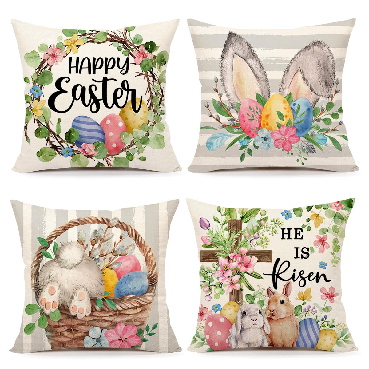4TH Emotion Gray Easter Pillow Covers 18x18 Set of 4, He is Risen Bunny Floral Eggs Farmhouse Decorations Spring Holiday Decor Throw Cushion Case for Home Couch TH211