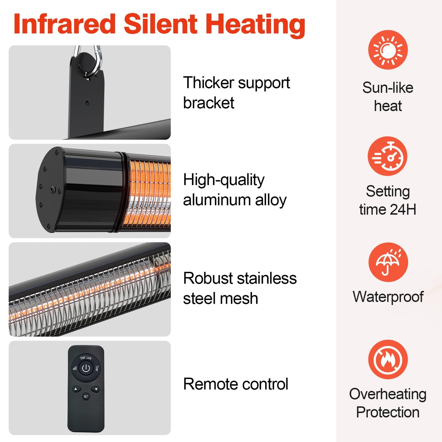 Electric Hanging Patio Heater with remote control, built in Temperature Control, Wall mounted or ceiling mounted, Suit for Outdoor, 1500W, Black