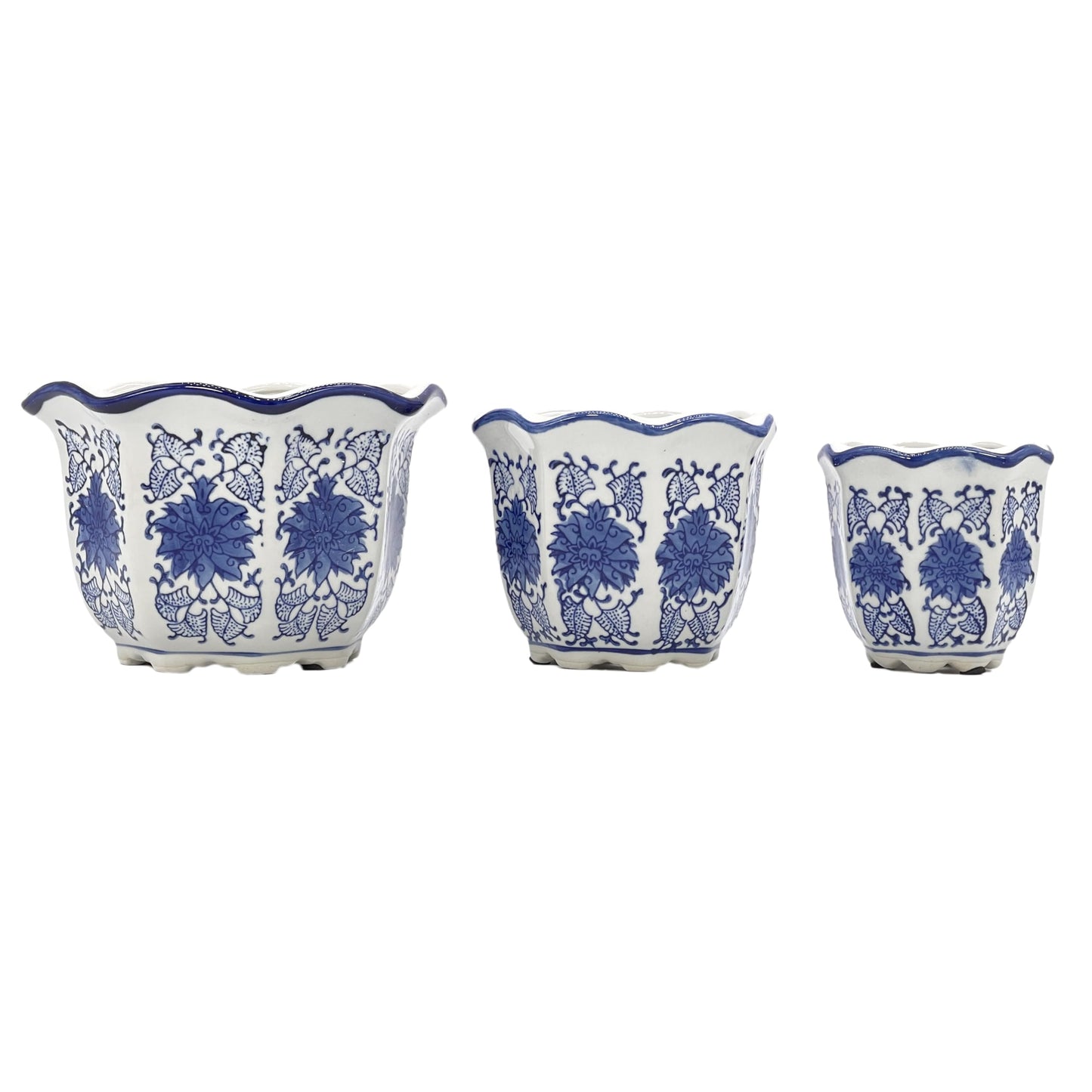 Galt International Blue & White Floral Porcelain Ceramic Decorative Flower Pot 8"/6"/4.5" Garden Pots Chinese Asian Design - Set of 3 Round Fluted