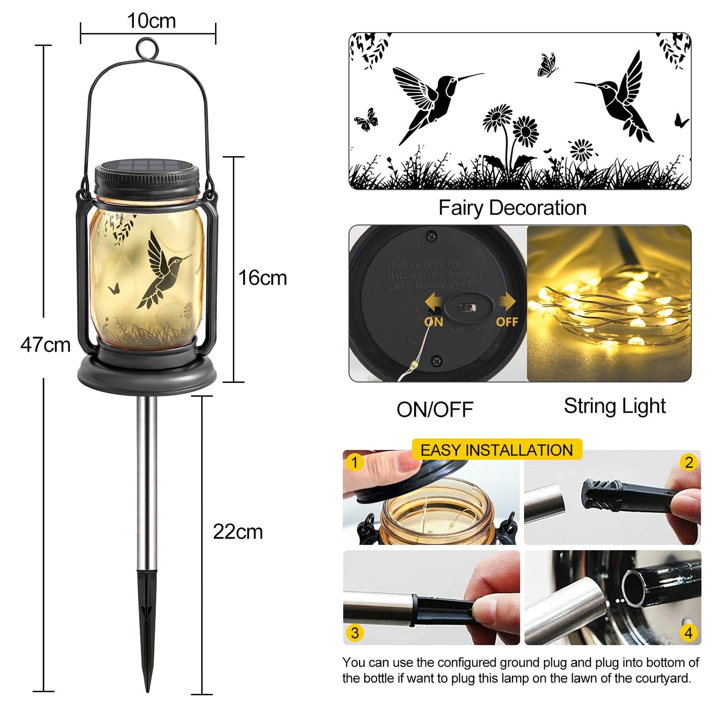 YJFWAL Hummingbird Solar Lanterns Outdoor Waterproof - Mothers Day Gifts for Women Mom Grandma Birthday, Mason Jar Garden Lights for Patio, Yard, Porch, Balcony, Garden Decor