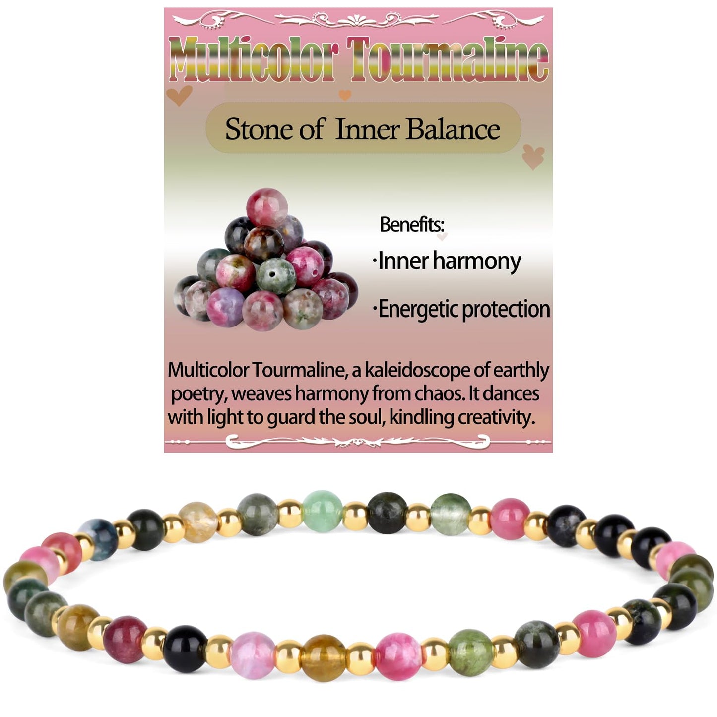 QOGIR Multicolor Tourmaline - Stone of Inner Balance - 14K Gold Plated Beads Natural Gemstone Stretch Elastic Dainty Healing Beaded Bracelets Gifts 4mm