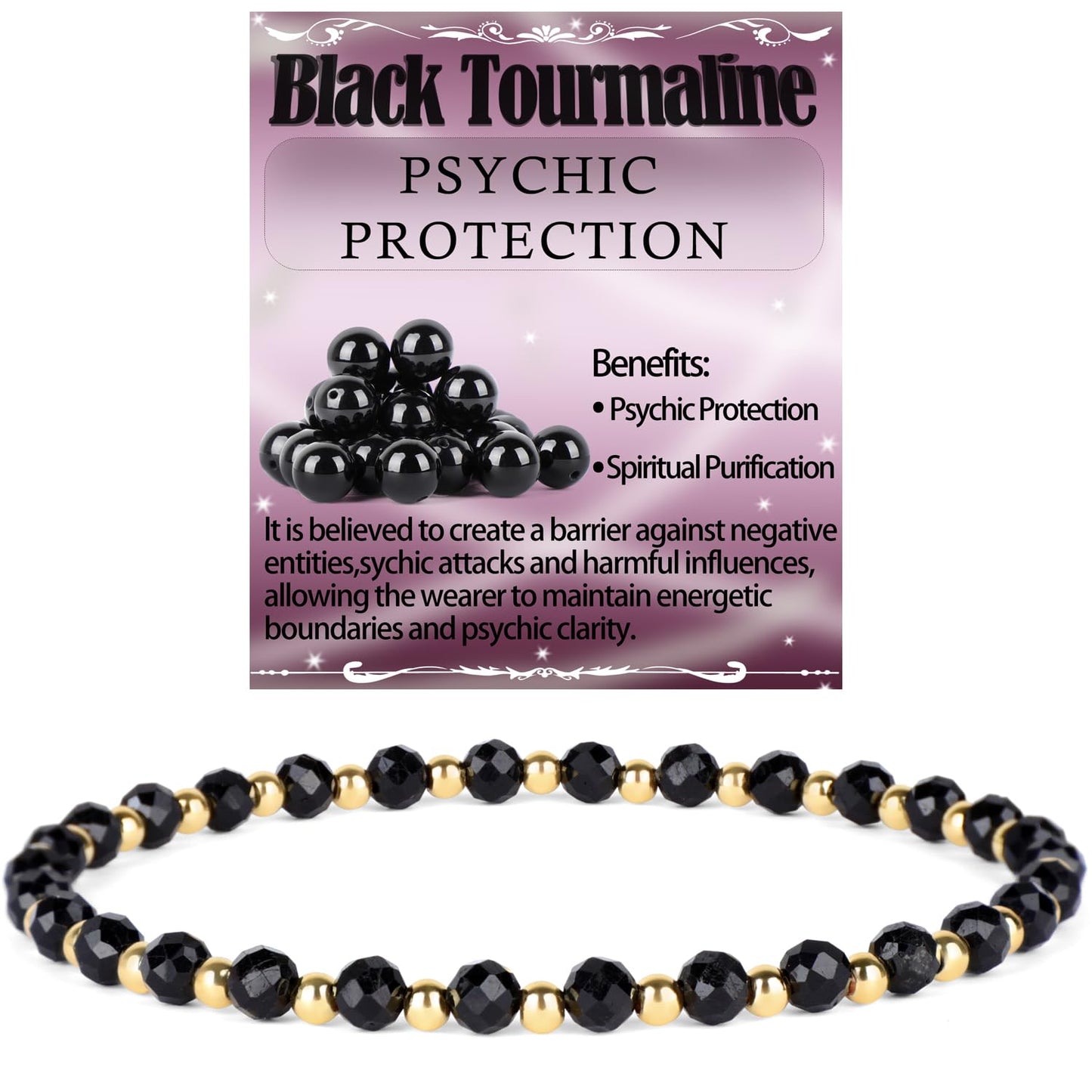 QOGIR Black Tourmaline - Psychic Protection - 14K Gold Plated Beads Natural Gemstone Stretch Elastic Dainty Healing Beaded Bracelets Gifts 4mm