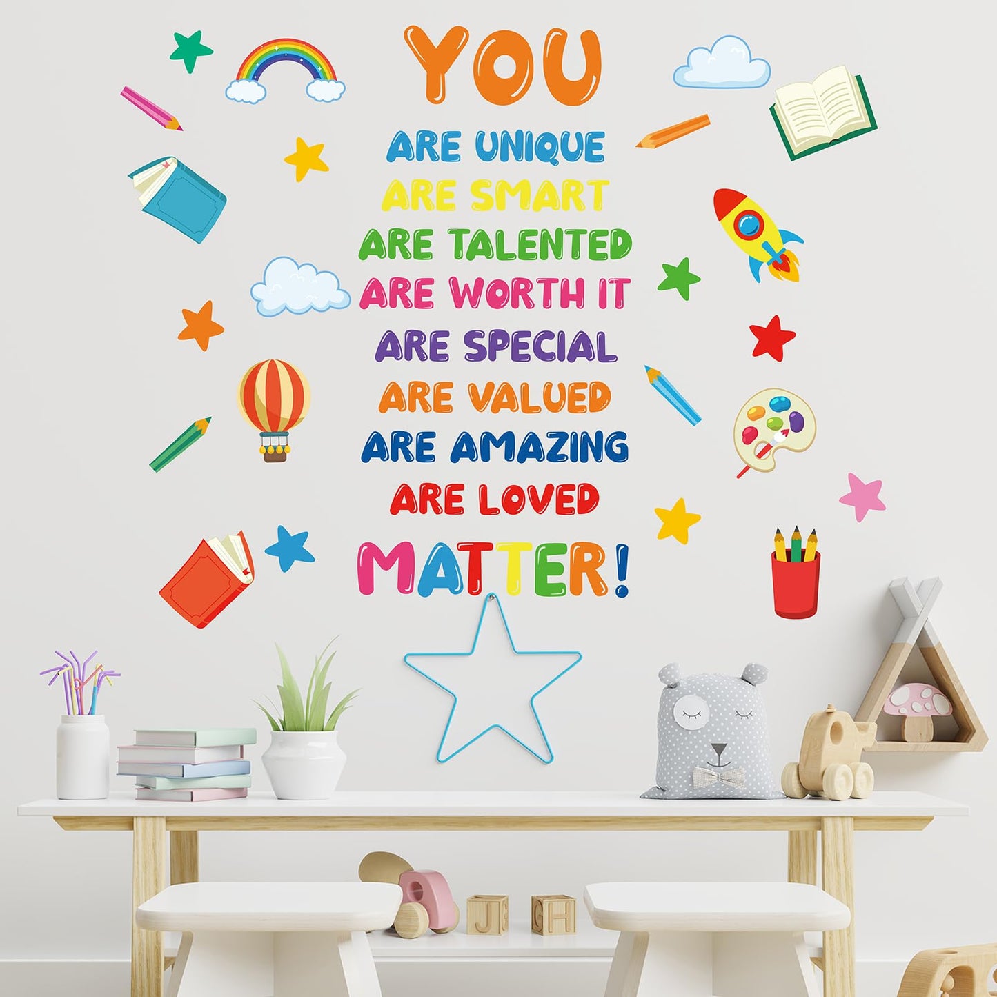 Kids Affirmation Wall Decals, Positive Motivational Wall Stickers “You are Unique Smart Talented Loved”, Peel and Stick Vinyl Decor for Kids Room, Classroom, Playroom, Nursery