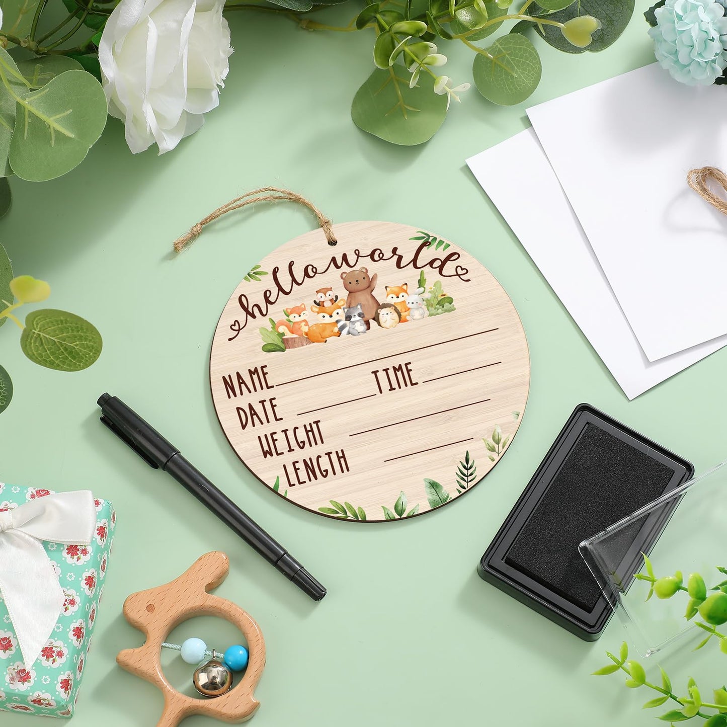 Thyle Baby Announcement Wooden Name Sign for Hospital Birth Double Sided Newborn Welcome Sign with Marker Pen and Ink Pad for Baby Shower Hand Footprints(Jungle)