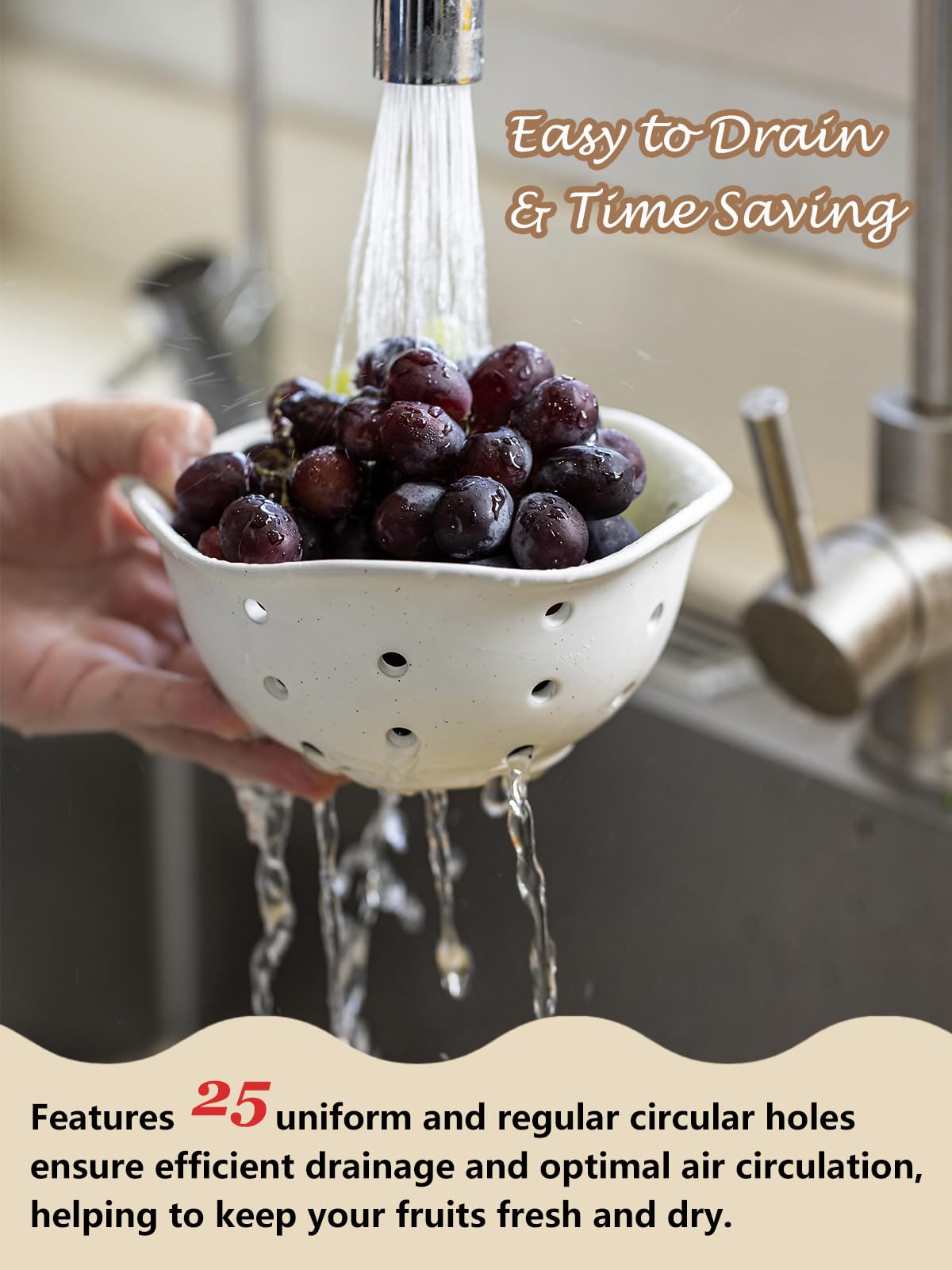 Gomakren Ceramic Berry Basket Set of 2, Rustic Fruit Basket Container 6 Inch, Fruit Bowl with Holes for Kitchen, Berries, Strawberry, Grape, Cherry, Floral Shape - Cream White