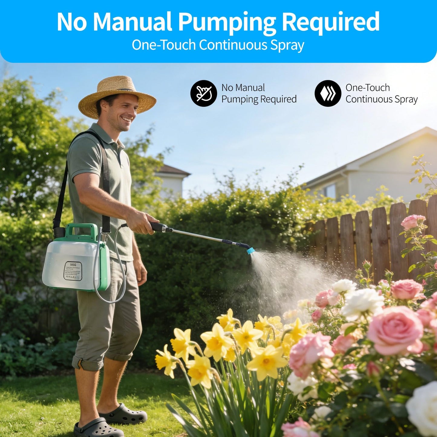 VASG Battery Powered Sprayer 2 Gallon, 7.4V Foldable Electric Pump Sprayer, Weed Sprayer with Waterproof Rechargeable Handle, 5 Mist Nozzles, Retractable Wand, Adjustable Strap for Lawn, Garden, Yard