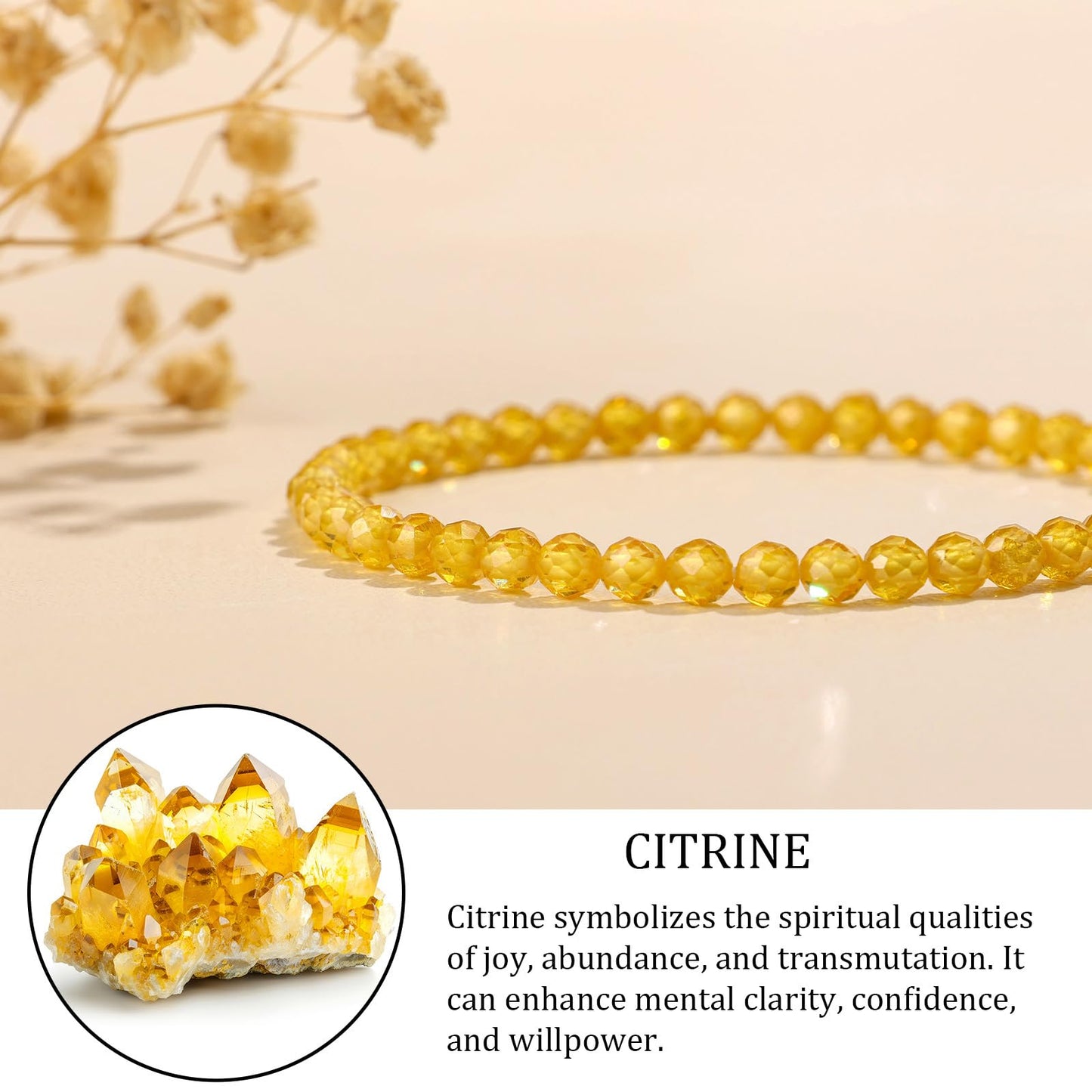 GolbalJew Natural Gemstone Beads Bracelets Healing Crystal Stone Beaded Bracelet for Women Men Handmade Spiritual Jewelry Gifts, 4mm Citrine Faceted Round Beads