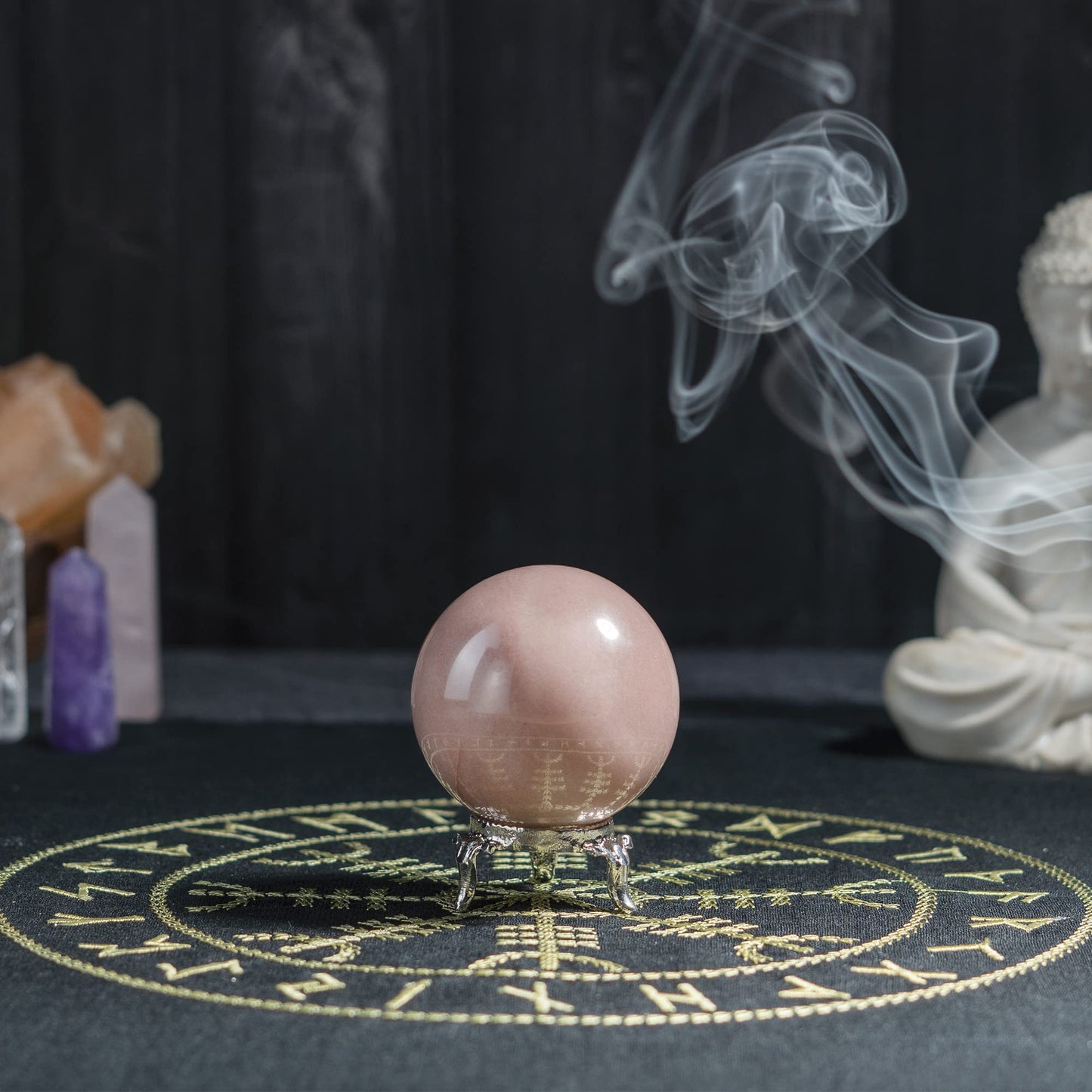 Crocon 45mm Pink Agate Stone sphere Ball with Metal Stand 1400+ Carats Gemstone Ball Healing Sphere Sculpture Figurine for Fengshui Divination Home Decoration Photography Crystal Sphere
