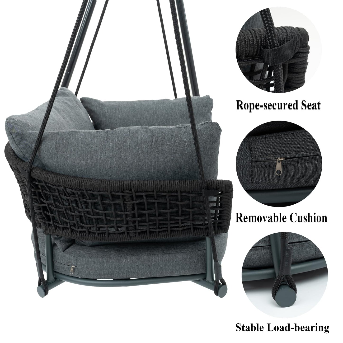 DAYAOUTDOOR Single Porch Swings Chair with Cushions, Hanging Rope Swing, Hanging Chair for Bedroom, Hammock Chairs Swing Indoor & Outdoor, Macrame Hanging Swinging, Patio, Balcony, Dark Grey