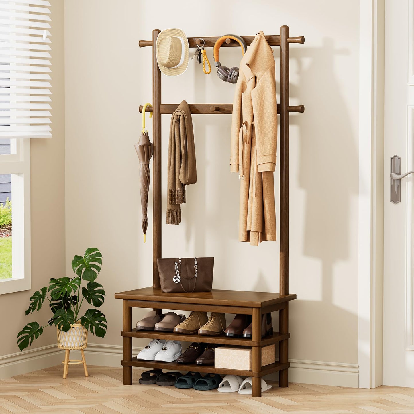 Wamhom Hall Tree, 3-in-1 Entryway Bench with Coat Rack, 11 Hooks and 2-Tier Hall Tree with Shoe Storage Bench, Solid Wood Coat Rack Freestanding, 27.2" Long