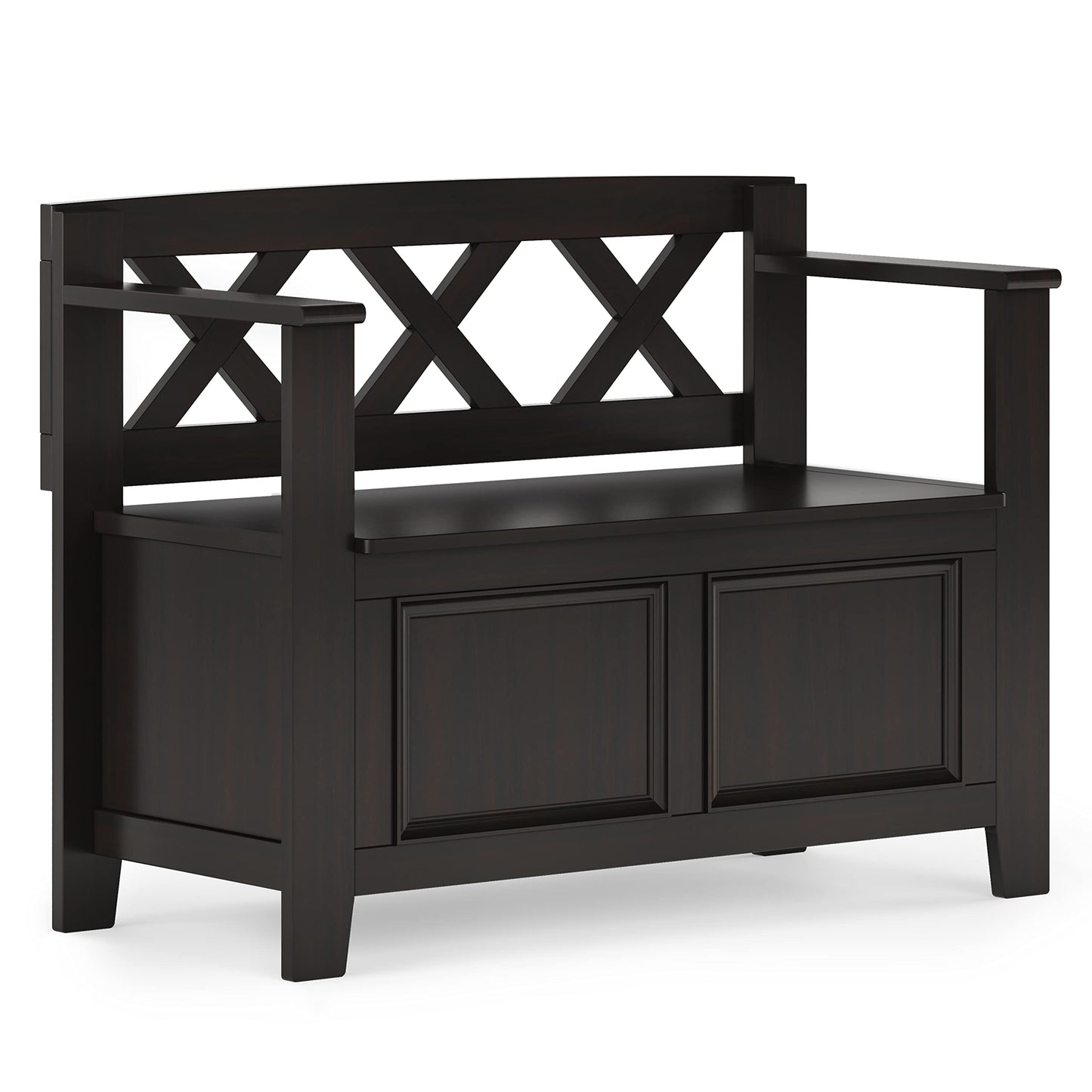 SIMPLIHOME Amherst Entryway Storage Bench - 36 inch Wide Solid Wood Hallway Bench in Hickory Brown, Transitional Bench for Entry or Mudroom with Lift-Up Lid, Storage Compartments and X-Back Detail