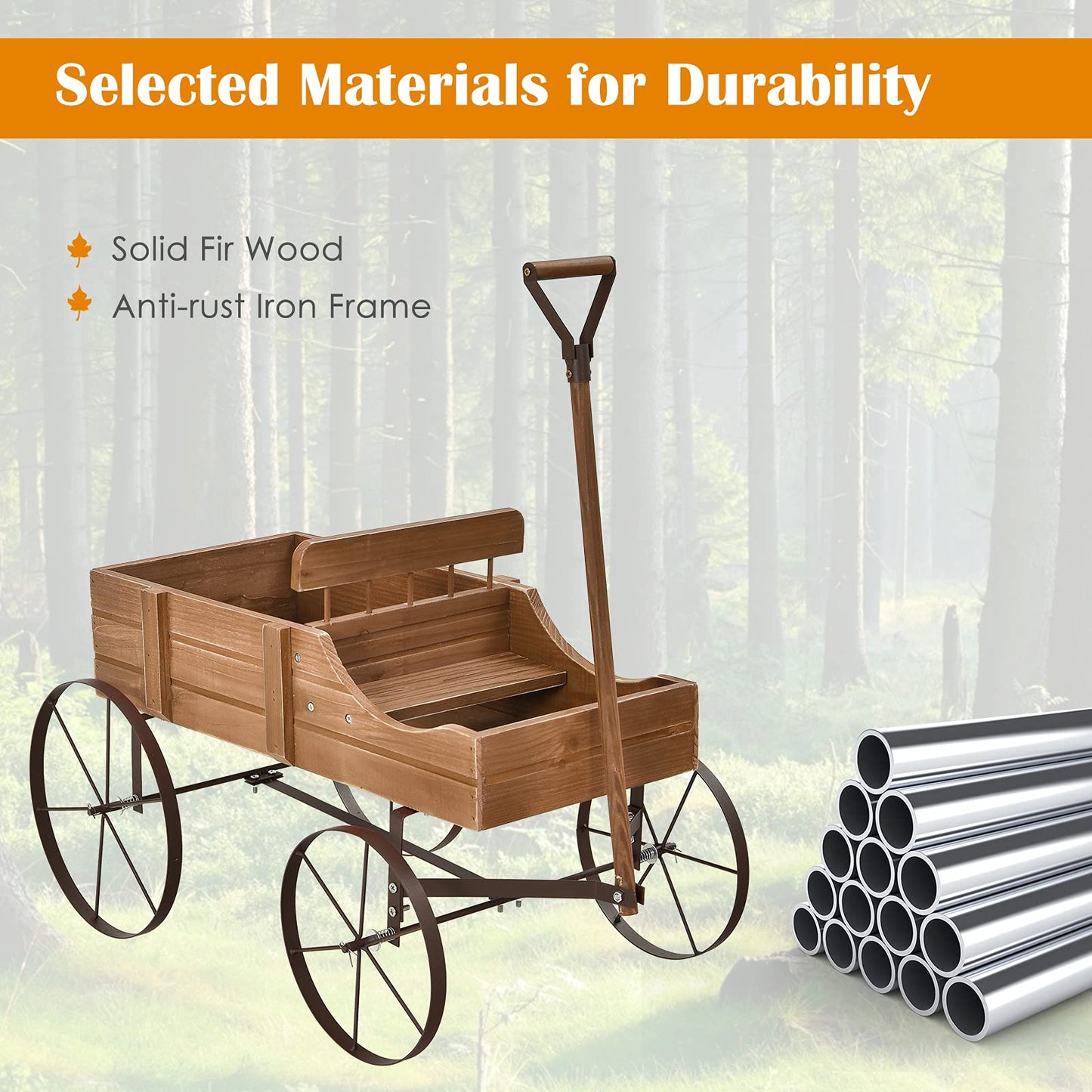 Goplus Wagon Planter, Decorative Wooden Garden Planter with Wheels, 2 Planting Sections and Adjustable Handle, Indoor Outdoor Backyard Balcony Decor (Brown)