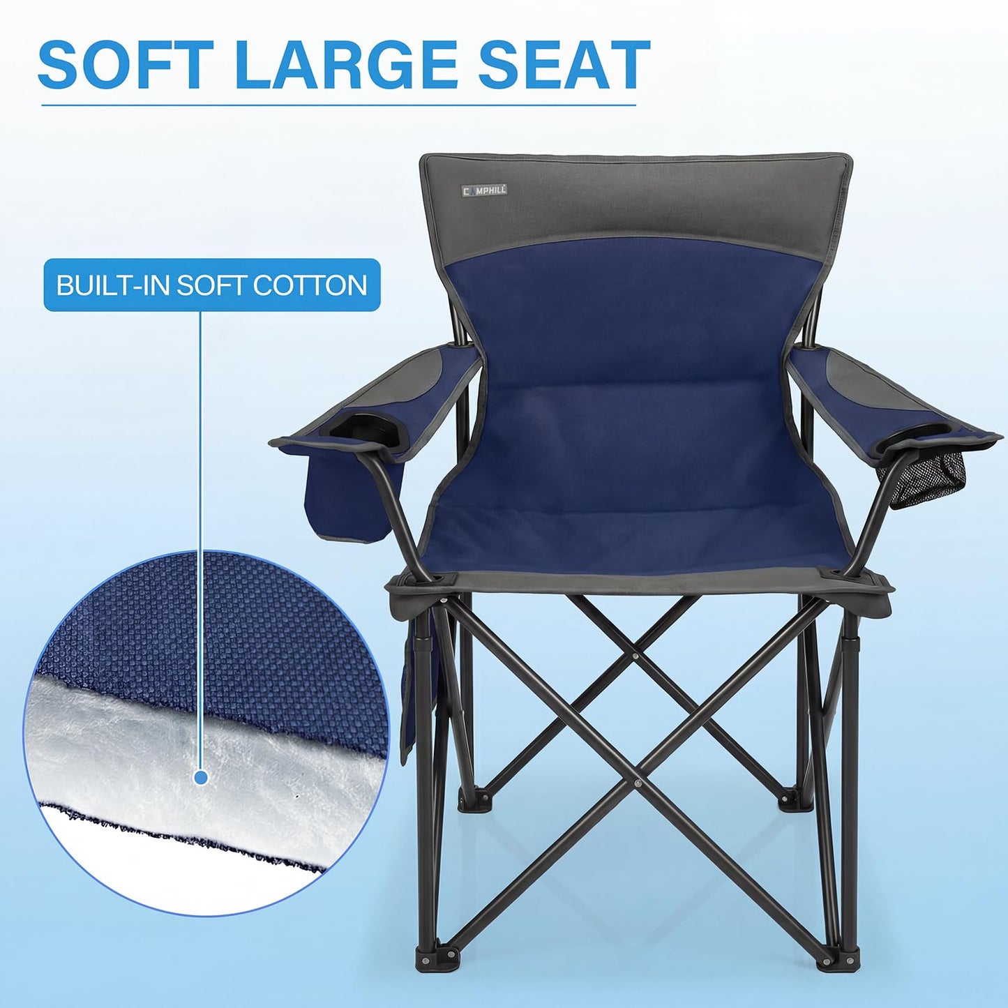 Oversized Camping Chair for Adults - 2 Pack Padded Lawn Chairs with Cup Holder & Side Pocket,Heavy Duty Folding Outdoor Chairs for Camp,Sports,Picnic,Beach,Dark Blue