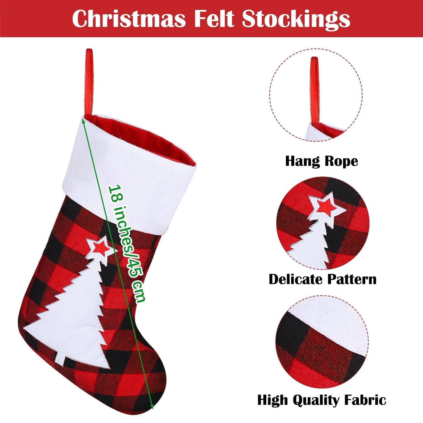 Aodaer 16 Pack Felt Christmas Stockings 18 Inches Red Black Buffalo Plaid Xmas Fireplace Hanging Stockings with Santa Snowman Reindeer Pattern Holiday Hanging Decorations for Christmas Party Favors