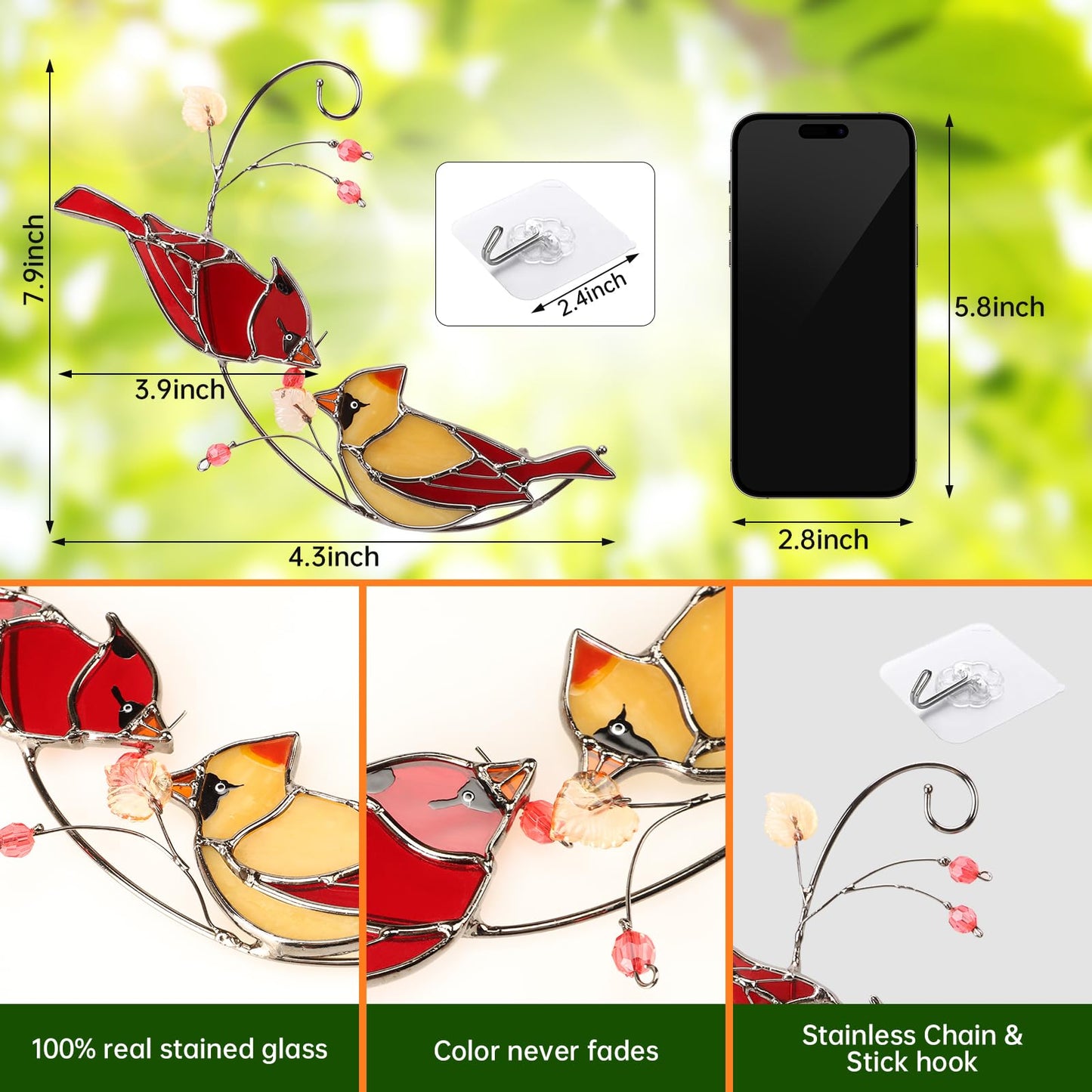 Handmade Cardinal Stained Glass Suncatchers Window Hanging Ornament for Christmas,Memorial Gifts for Women,Red Birds Sun Catcher Decora,Bird Lover Gifts,Real Glass Unique Design
