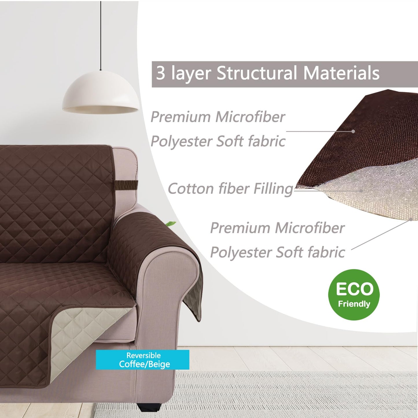 U-NICE HOME Reversible Sofa Cover Washable Couch Cover for Dogs Friendly with Elastic Straps Water Repellent Furniture Protector for 3 Cushion Couch (Sofa, Coffee/Beige)