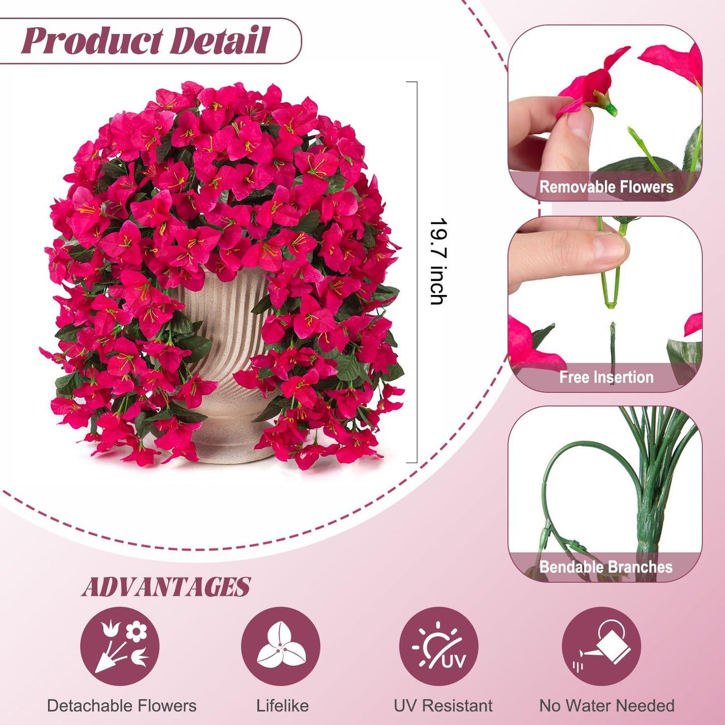 INXUGAO 2 pcs Artificial Faux Bougainvillea Flowers Plants for Outdoor Outside Summer Decoration, Fake Silk UV Resistant Long Trailing Vines for Front Door Porch Planter Balcony (Purple Rose Red)